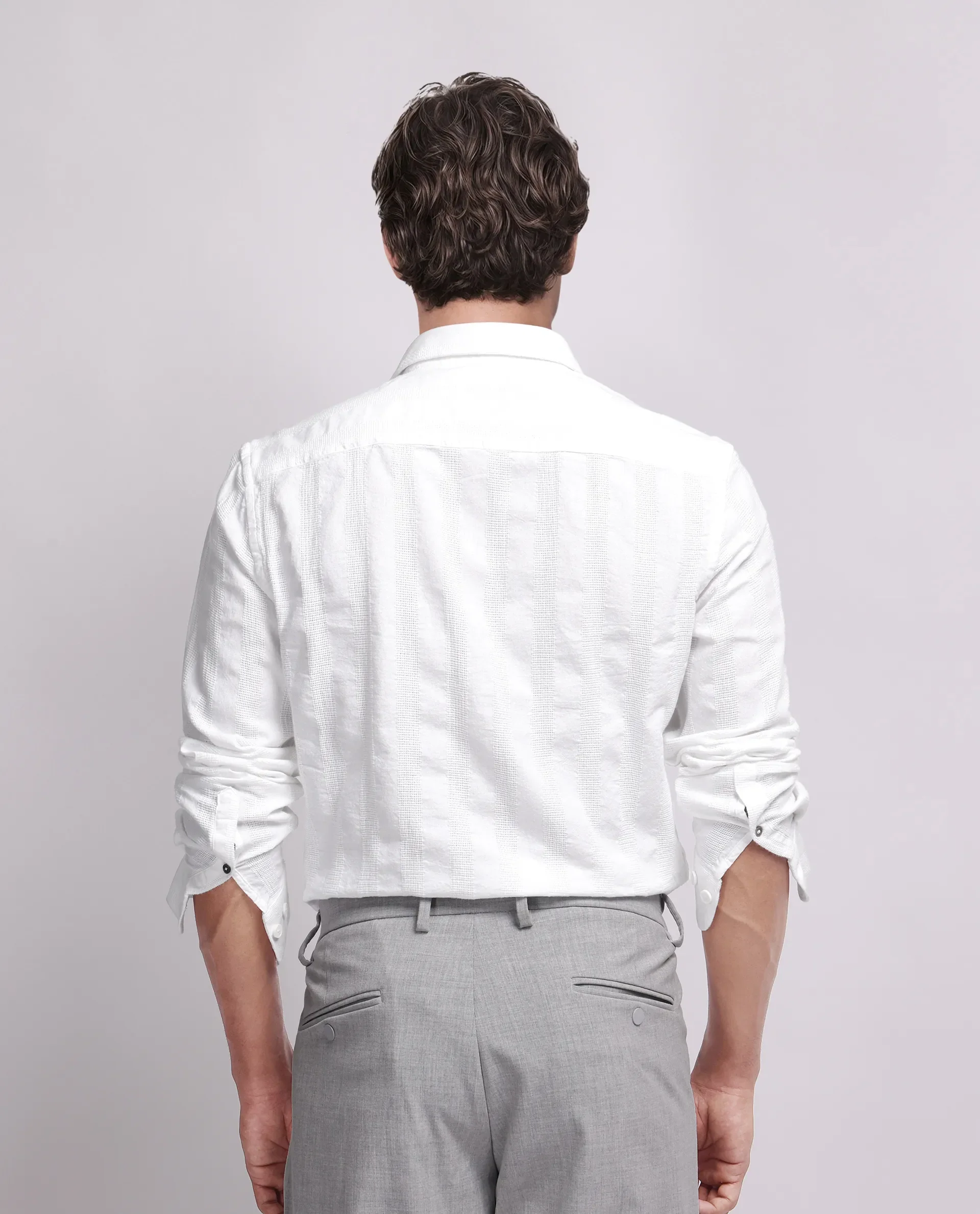 Rare Rabbit Men's Dobbiz White Cotton Striped Print Regular Fit Full Sleeve Collared Shirt - Image 4