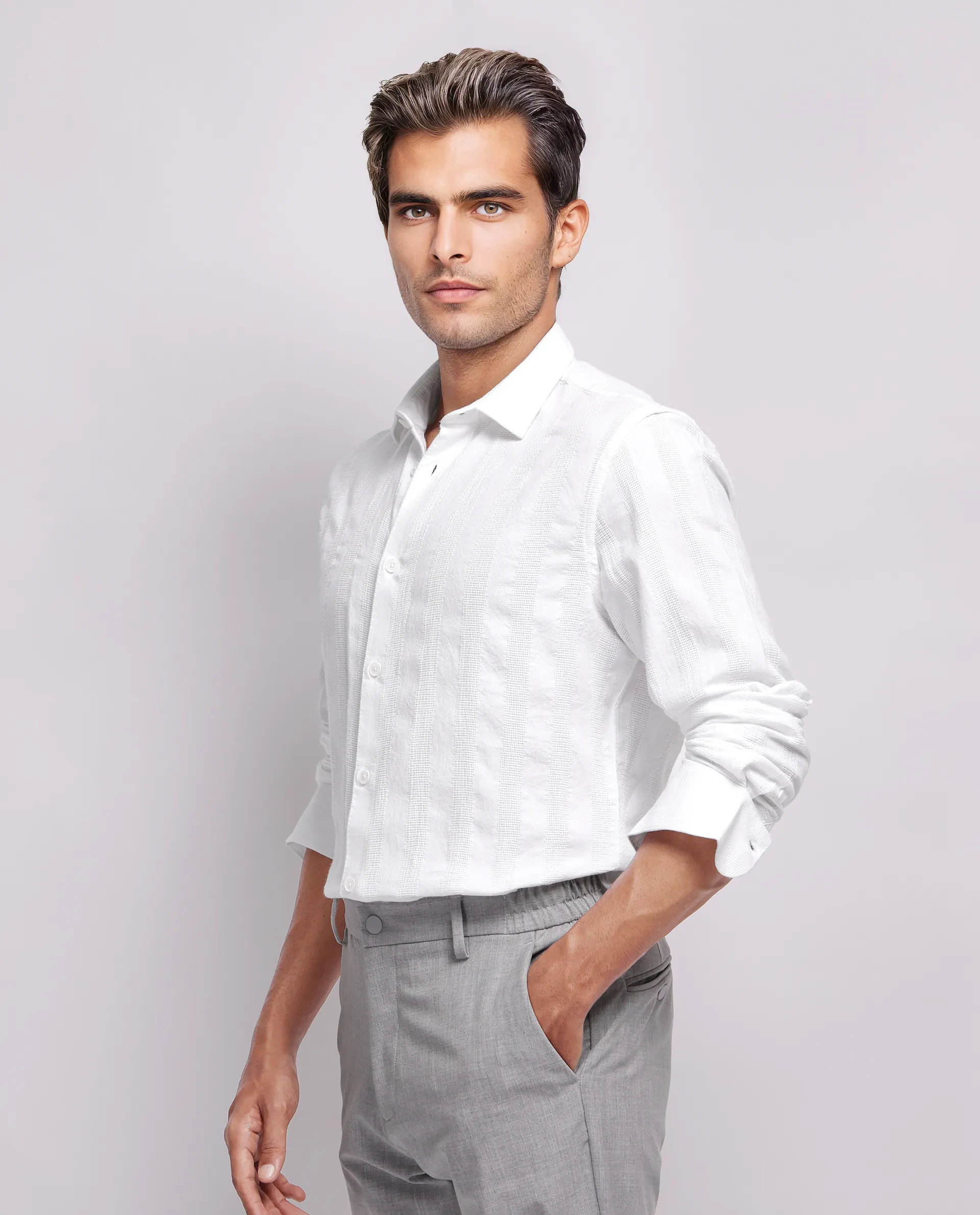 Rare Rabbit Men's Dobbiz White Cotton Striped Print Regular Fit Full Sleeve Collared Shirt - Image 5