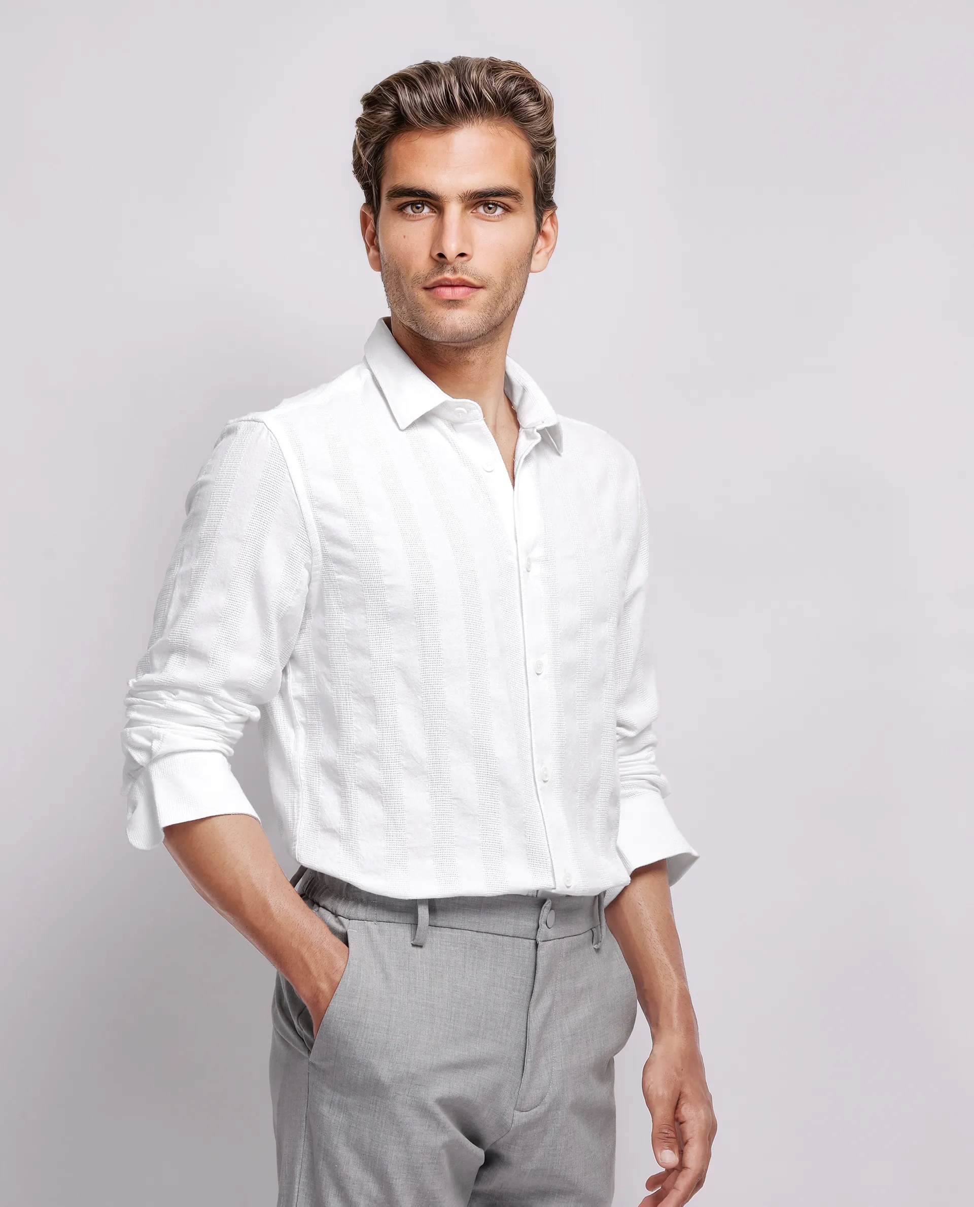 Rare Rabbit Men's Dobbiz White Cotton Striped Print Regular Fit Full Sleeve Collared Shirt - Image 6