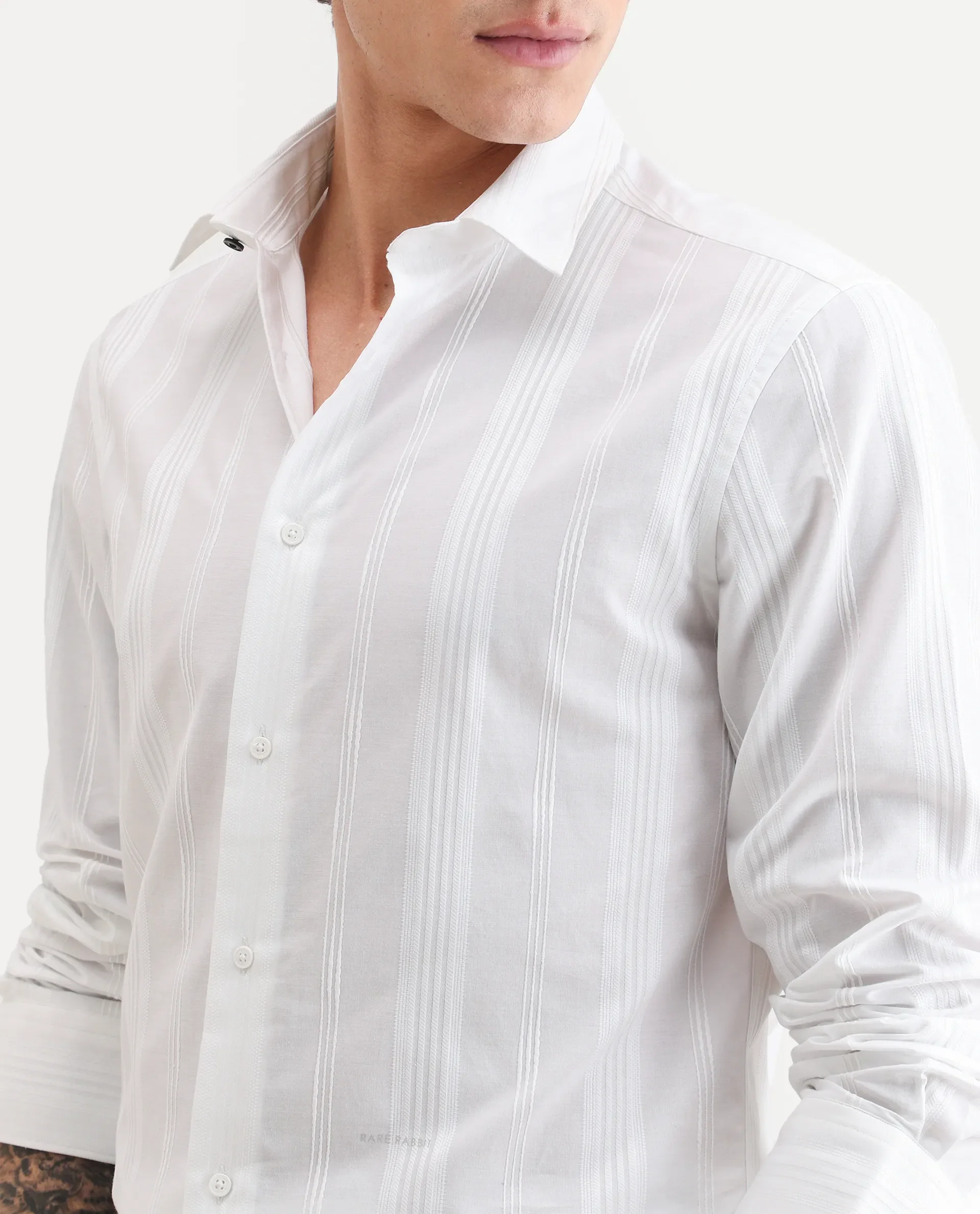 Rare Rabbit Men's Dobbler White Cotton Fabric Full Sleeve Spread Collar Regular Fit Striped Shirt - Image 3