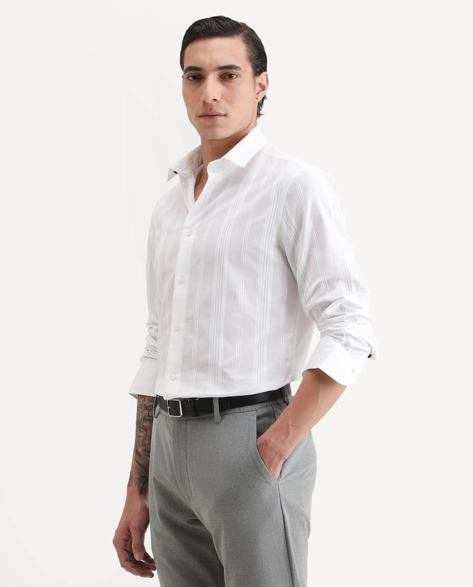 Rare Rabbit Men's Dobbler White Cotton Fabric Full Sleeve Spread Collar Regular Fit Striped Shirt - Image 4