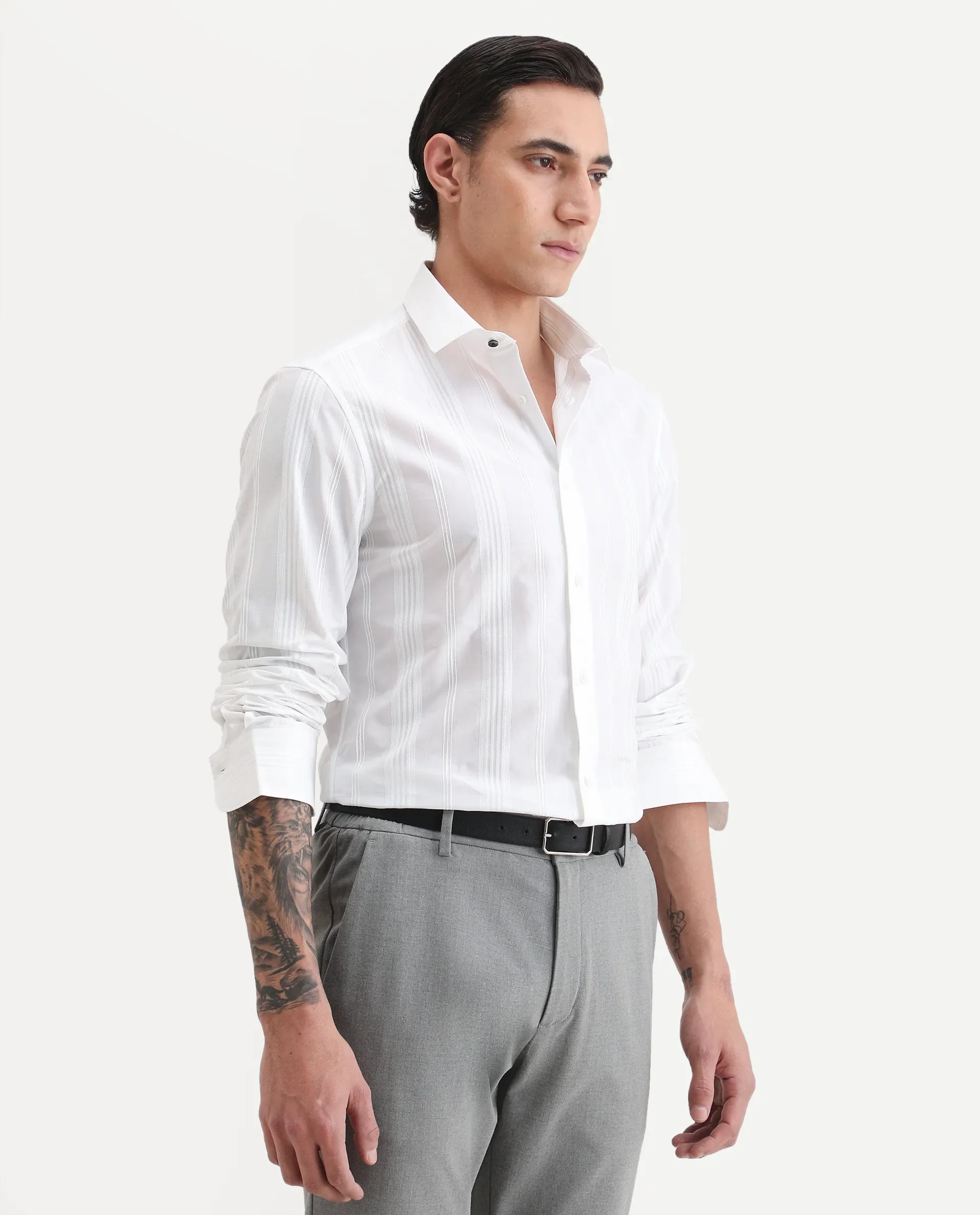 Rare Rabbit Men's Dobbler White Cotton Fabric Full Sleeve Spread Collar Regular Fit Striped Shirt - Image 5