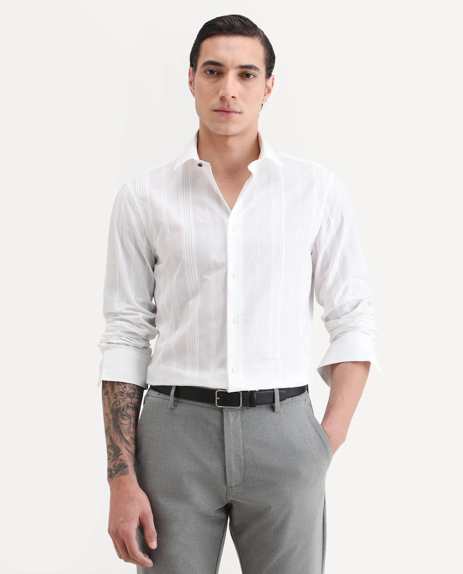 Rare Rabbit Men's Dobbler White Cotton Fabric Full Sleeve Spread Collar Regular Fit Striped Shirt - Image 6