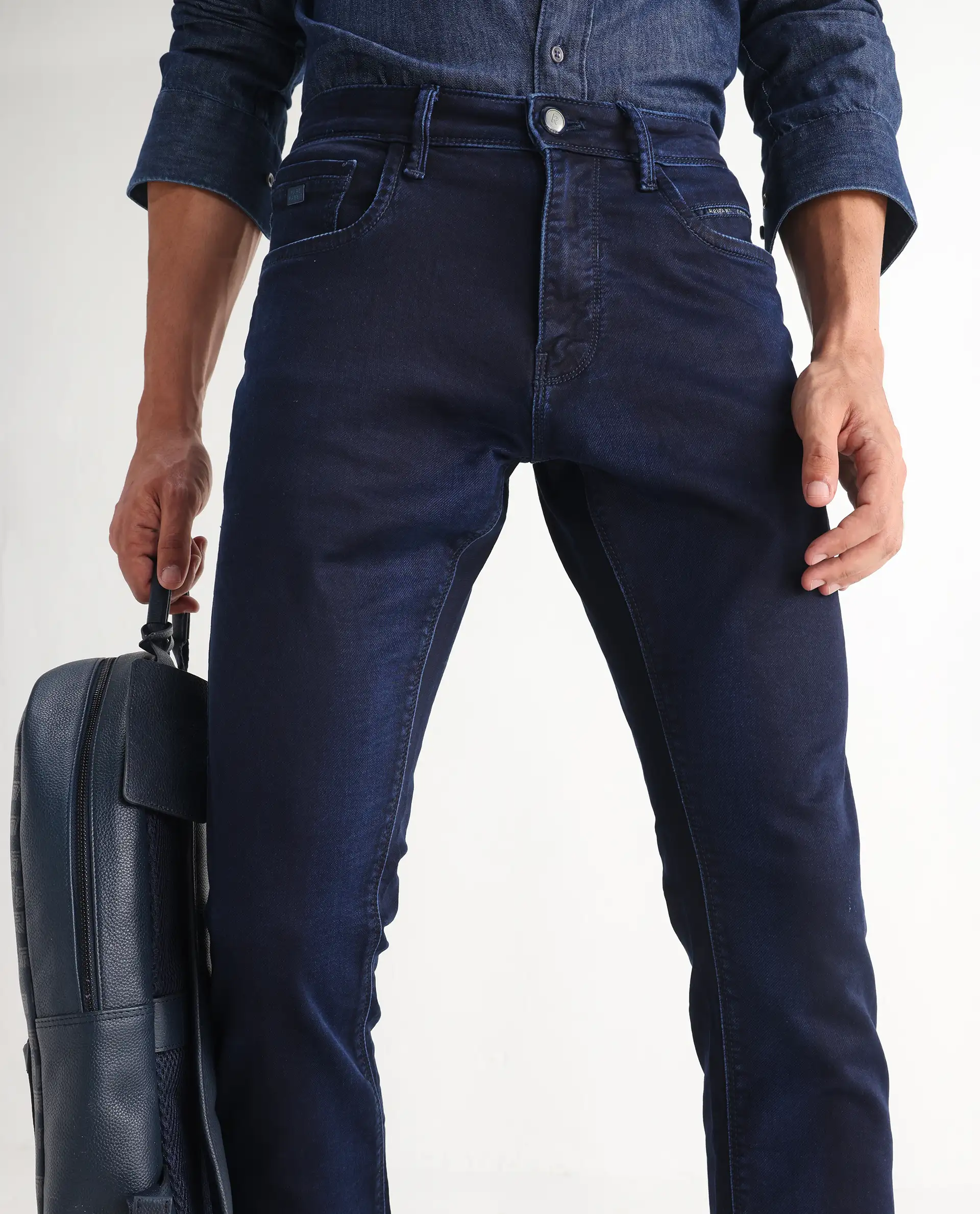 Rare Rabbit Men's Dobe Dark Blue Cotton Plain Hawk Slim Fit Jeans - Image 2