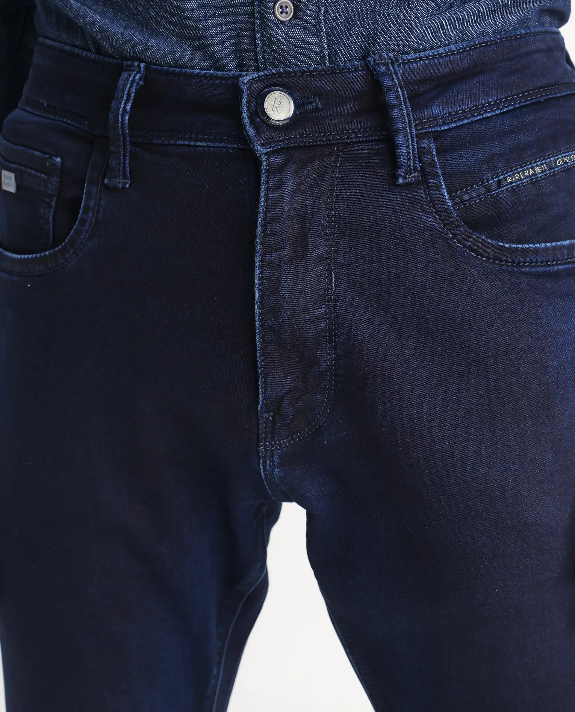 Rare Rabbit Men's Dobe Dark Blue Cotton Plain Hawk Slim Fit Jeans - Image 4