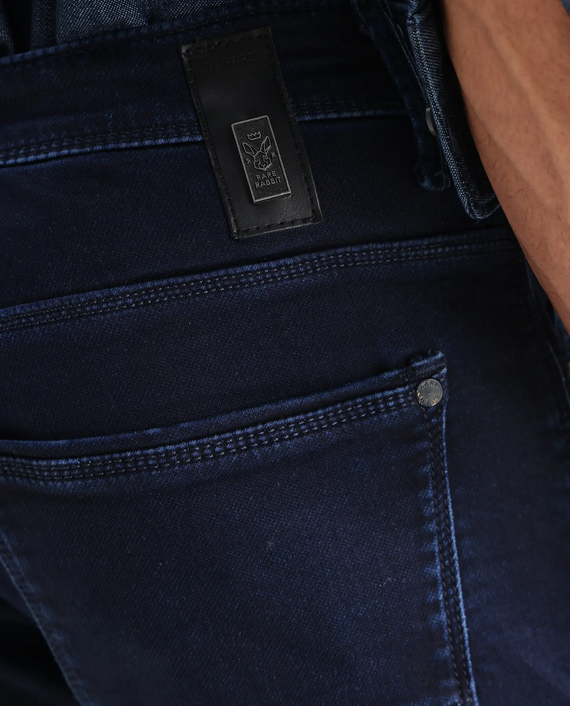 Rare Rabbit Men's Dobe Dark Blue Cotton Plain Hawk Slim Fit Jeans - Image 8