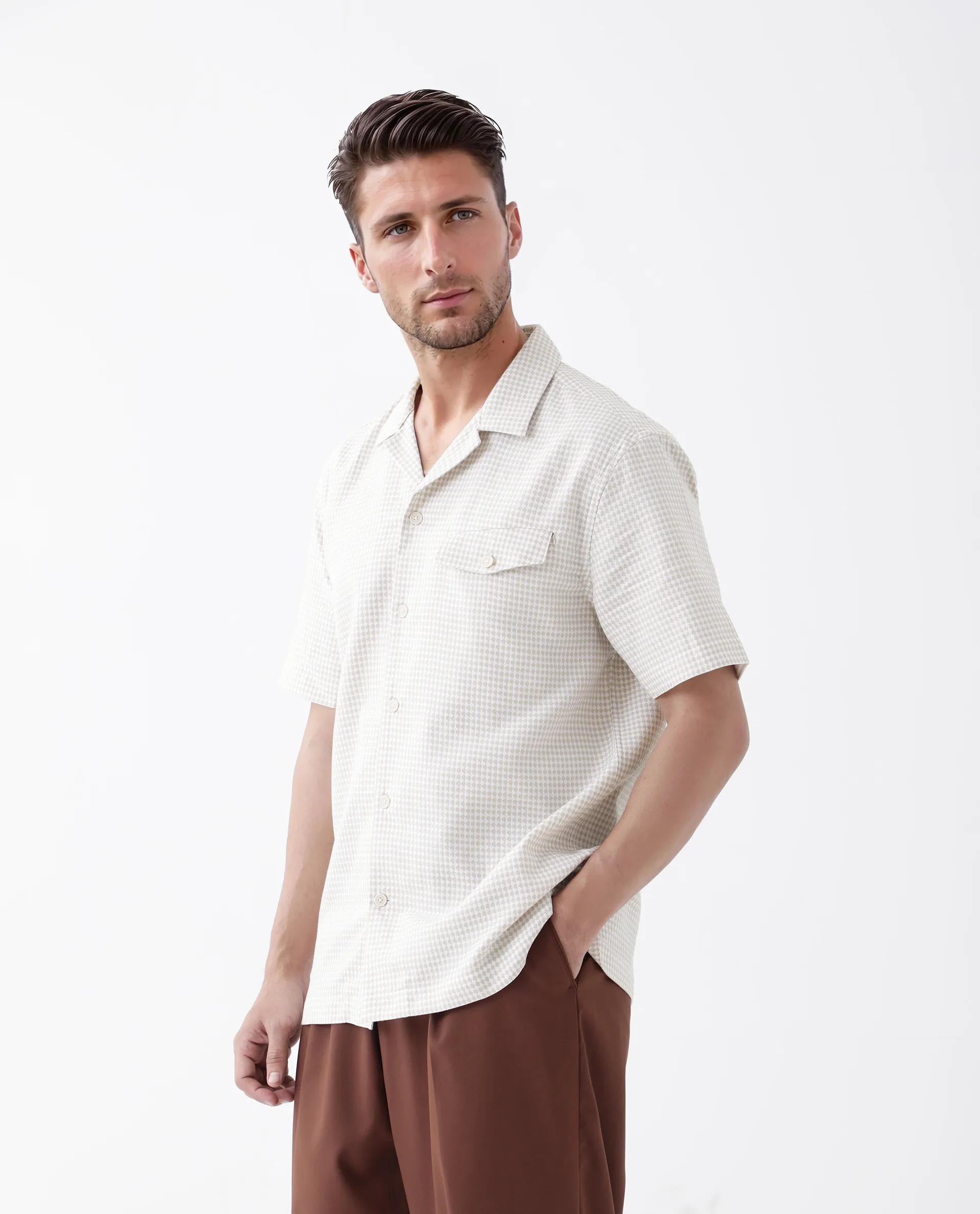 Rare Rabbit Men's Dobo Beige Cotton Polka Print Relaxed Fit Half Sleeve Cuban Collar Shirt - Image 4