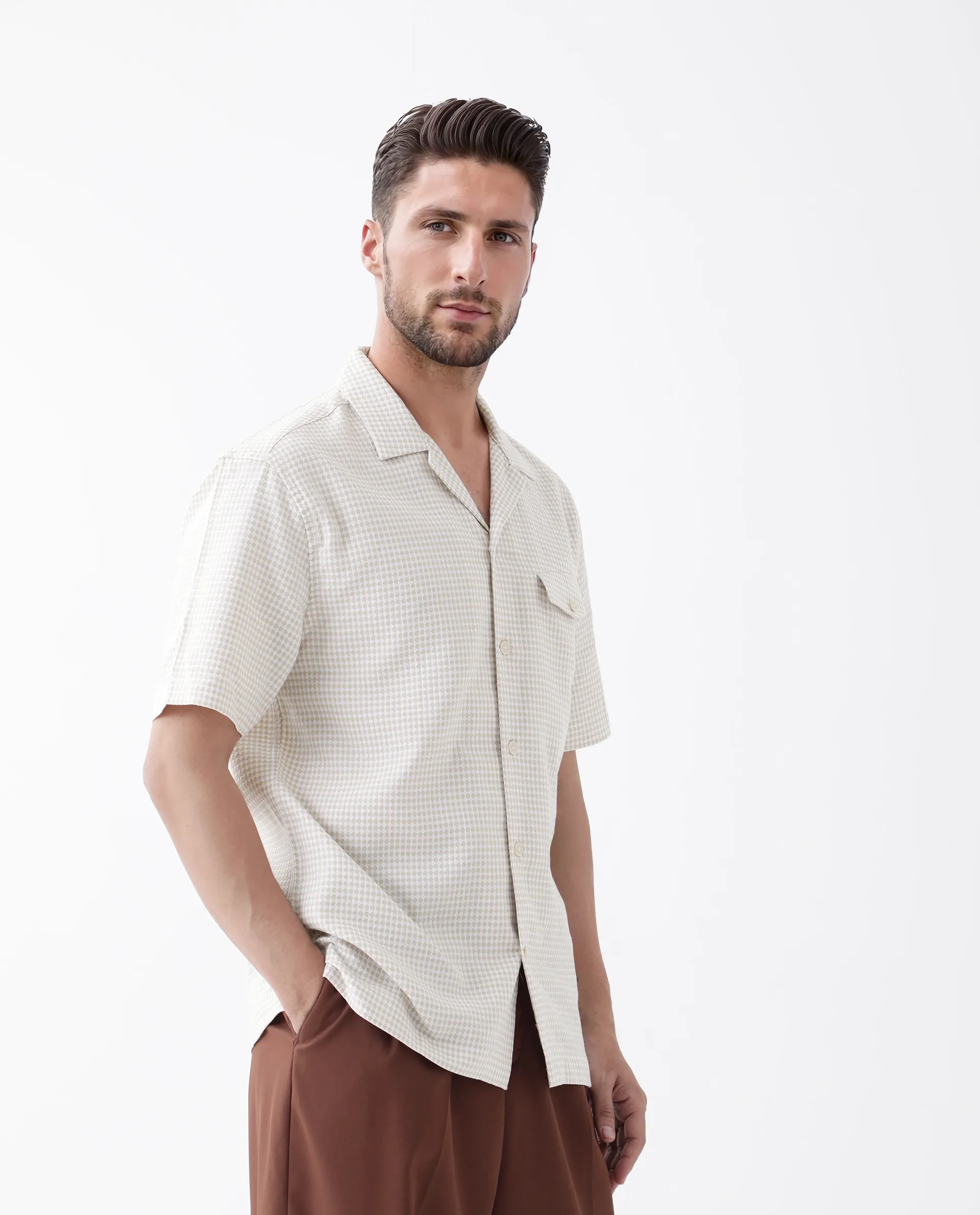 Rare Rabbit Men's Dobo Beige Cotton Polka Print Relaxed Fit Half Sleeve Cuban Collar Shirt - Image 5