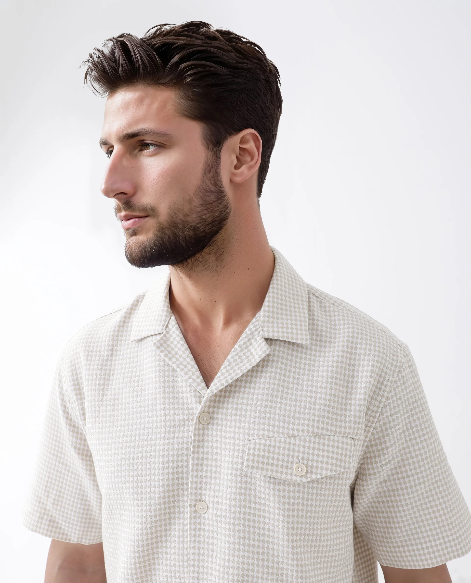 Rare Rabbit Men's Dobo Beige Cotton Polka Print Relaxed Fit Half Sleeve Cuban Collar Shirt - Image 8