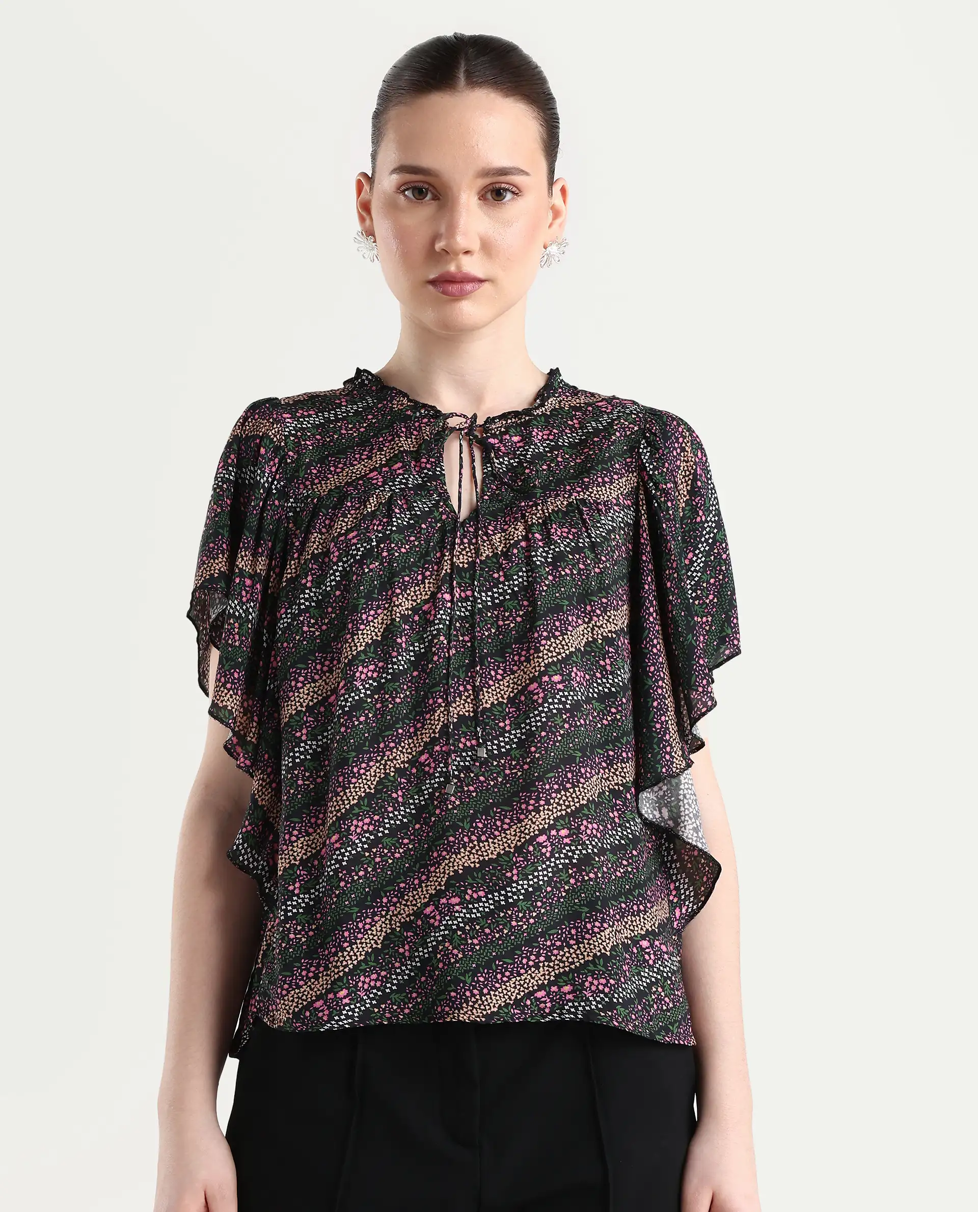 Rareism Women's Doc Black Cotton Blend Tie-Up Neck Floral Print Extended Sleeves Relaxed Fit Top - Image 2