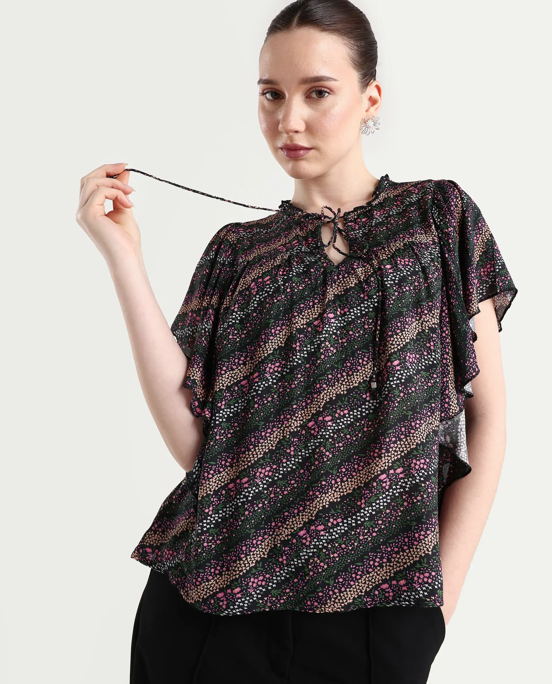 Rareism Women's Doc Black Cotton Blend Tie-Up Neck Floral Print Extended Sleeves Relaxed Fit Top - Image 3