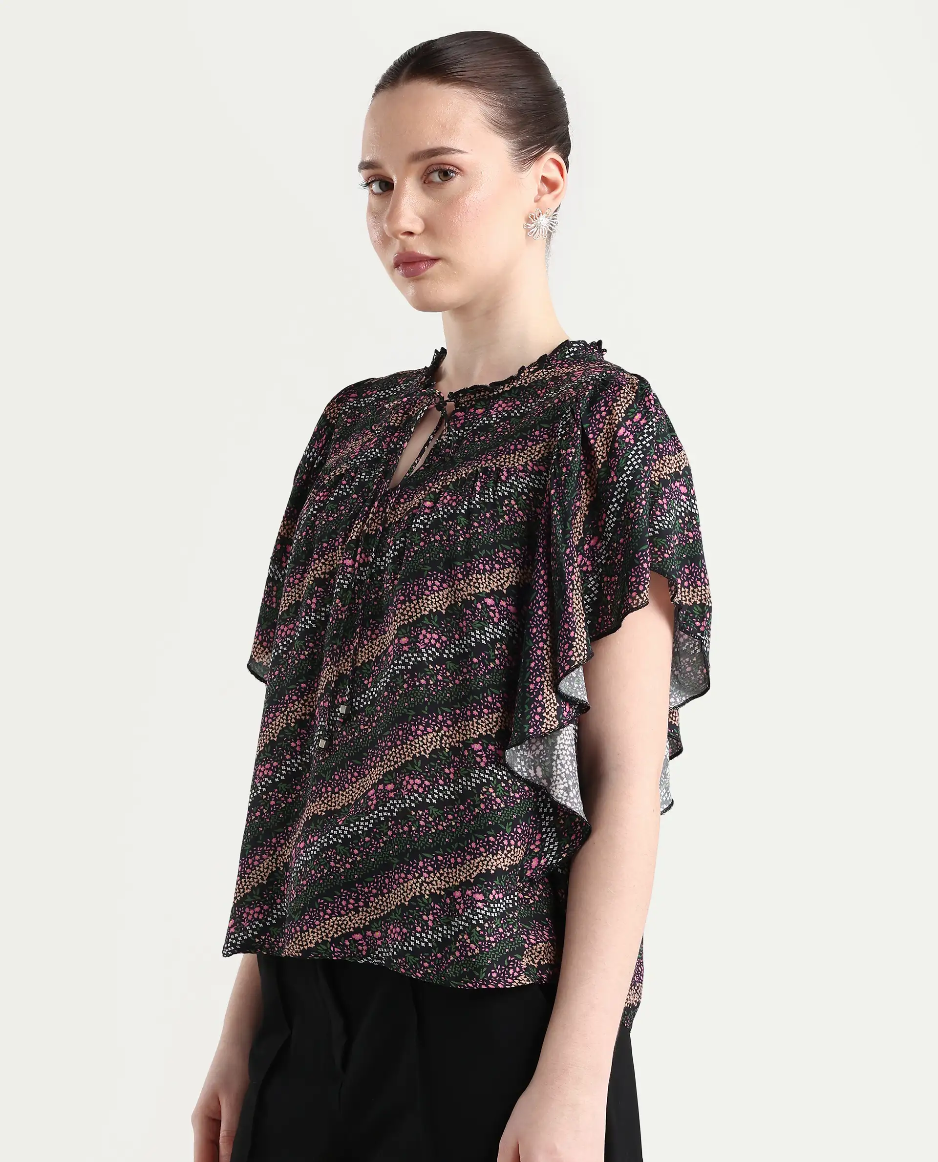 Rareism Women's Doc Black Cotton Blend Tie-Up Neck Floral Print Extended Sleeves Relaxed Fit Top - Image 4