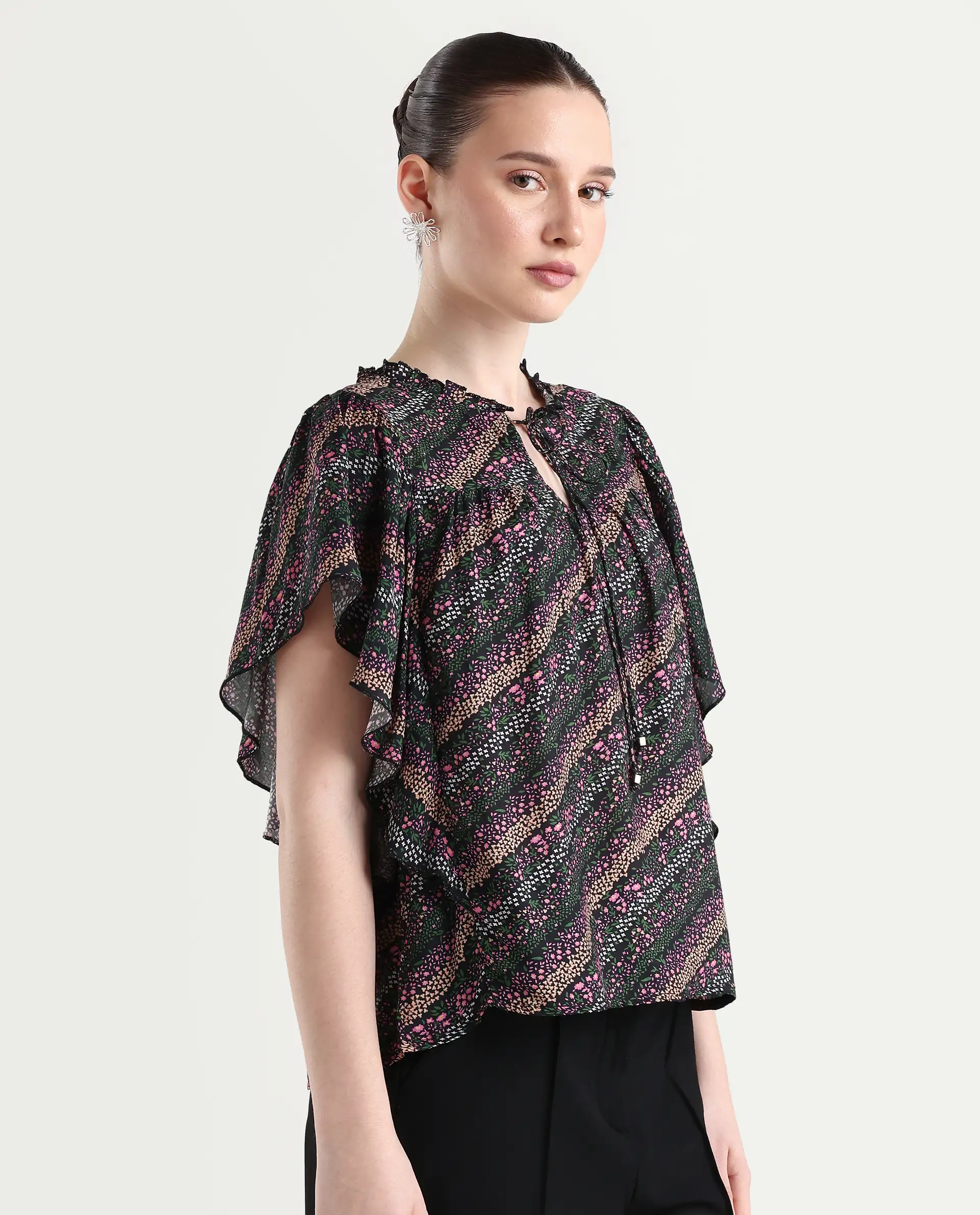 Rareism Women's Doc Black Cotton Blend Tie-Up Neck Floral Print Extended Sleeves Relaxed Fit Top - Image 5