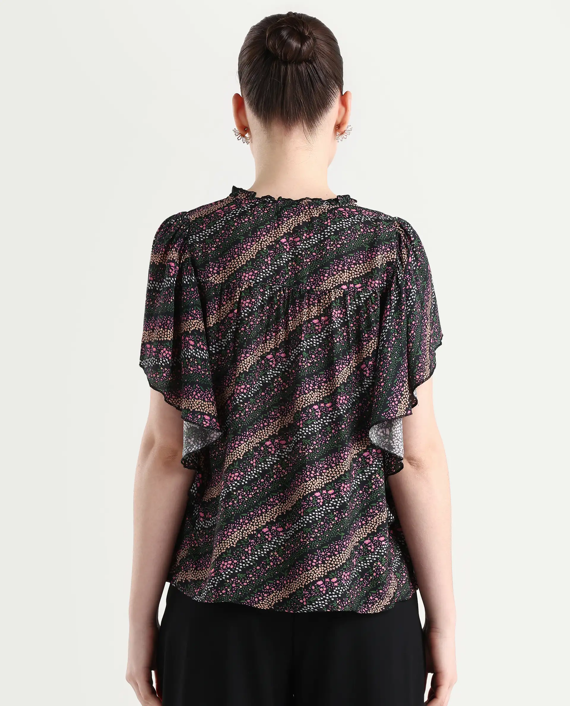 Rareism Women's Doc Black Cotton Blend Tie-Up Neck Floral Print Extended Sleeves Relaxed Fit Top - Image 6