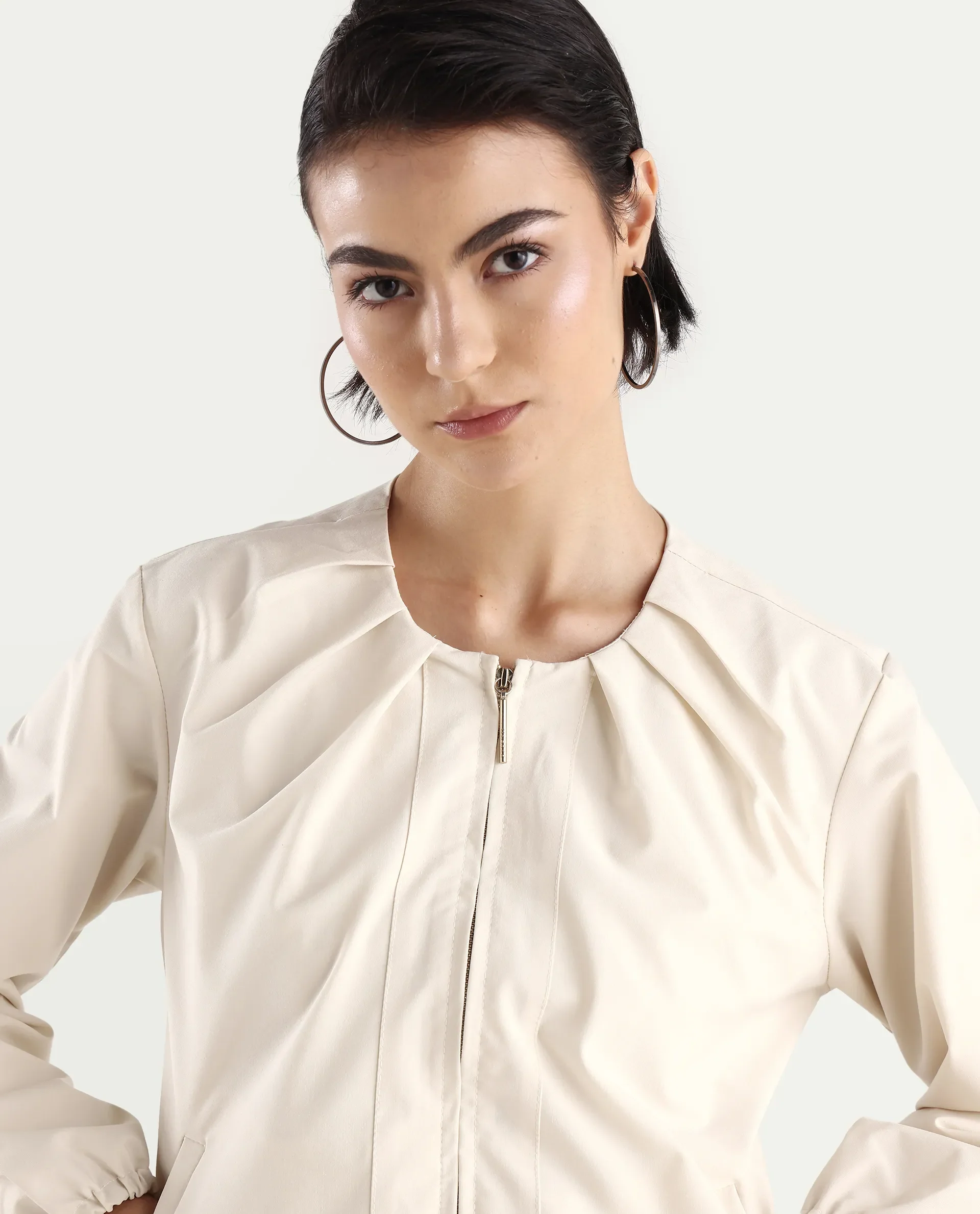 Rareism Women's Dockly Beige Crew Neck Plain Regular Fit Jacket - Image 4