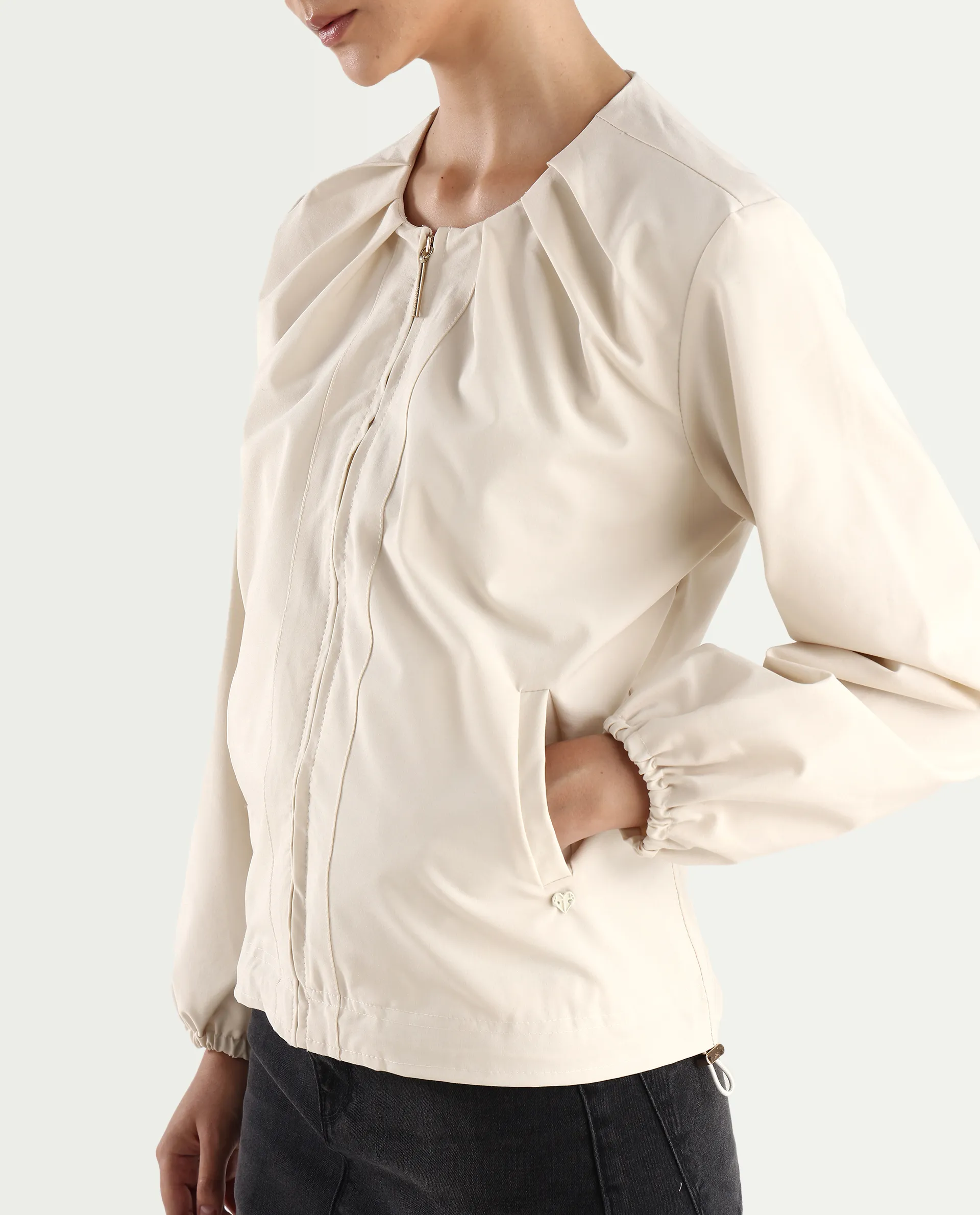 Rareism Women's Dockly Beige Crew Neck Plain Regular Fit Jacket - Image 5