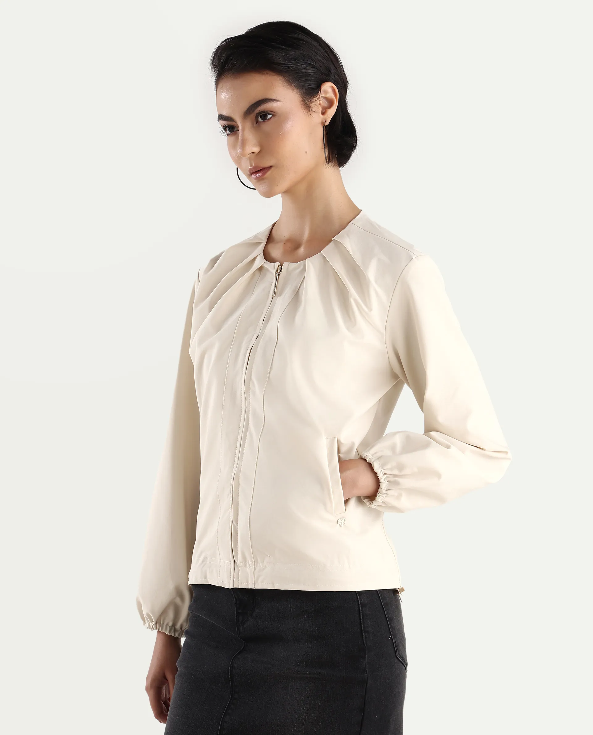 Rareism Women's Dockly Beige Crew Neck Plain Regular Fit Jacket - Image 6