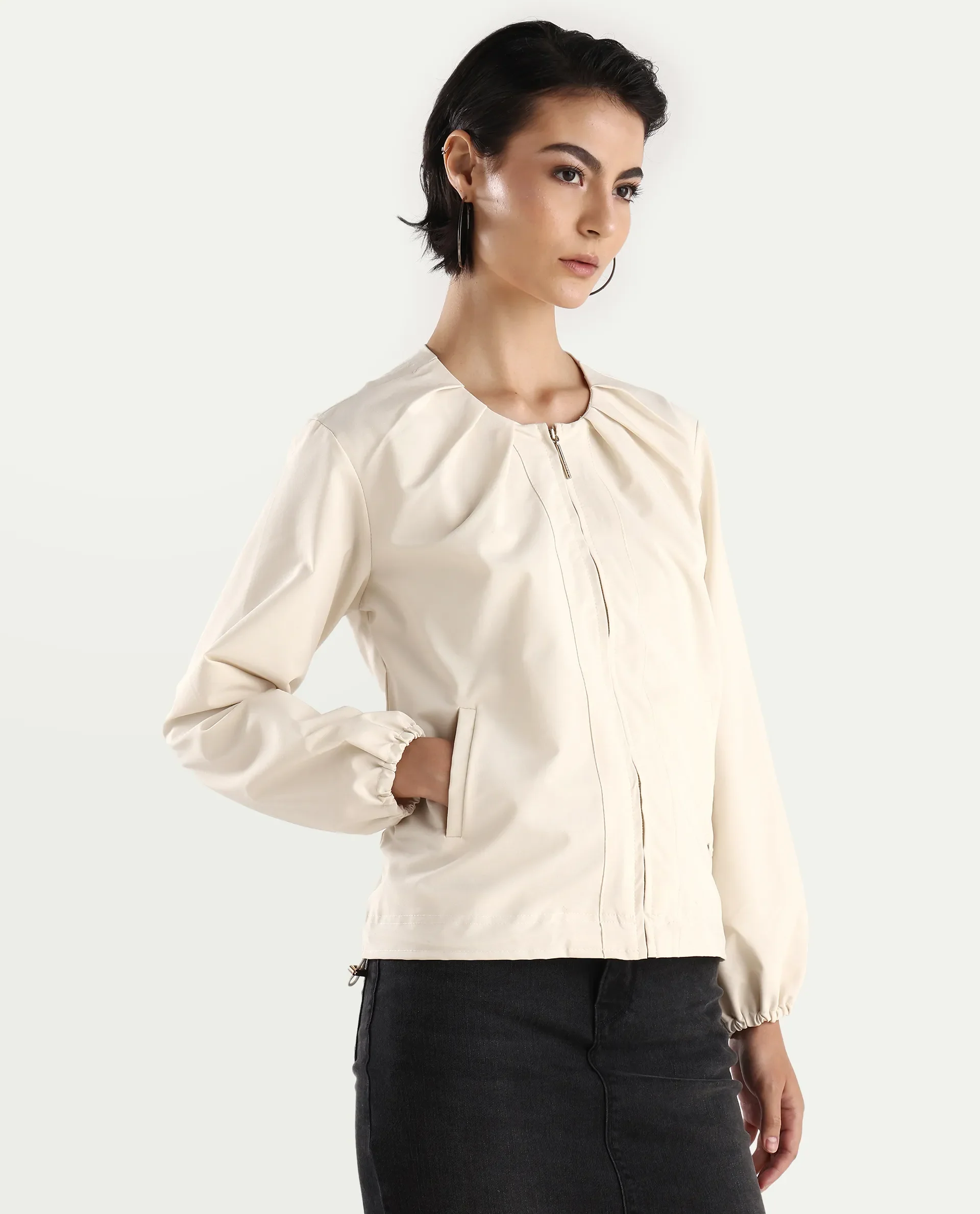 Rareism Women's Dockly Beige Crew Neck Plain Regular Fit Jacket - Image 7
