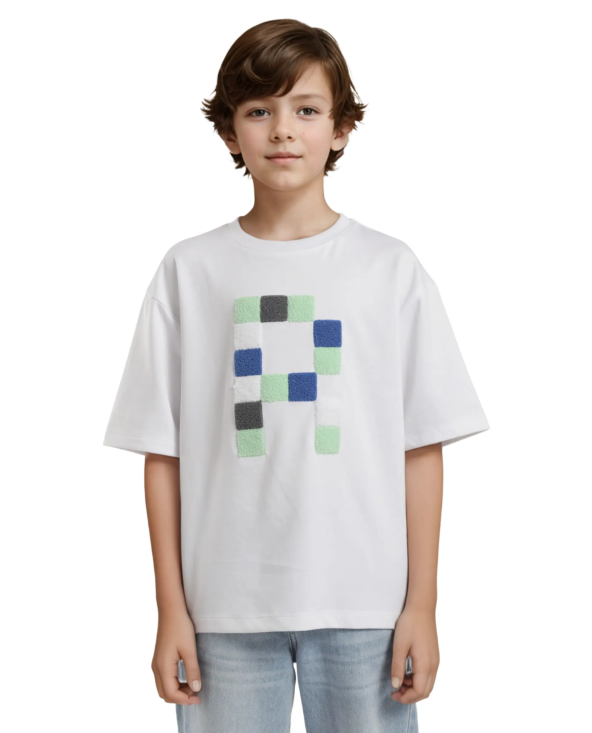 Rare Ones Kids Doe White Cotton Full Sleeves Crew Neck Towel Embroidery Print Oversized Fit T-Shirt - Image 10