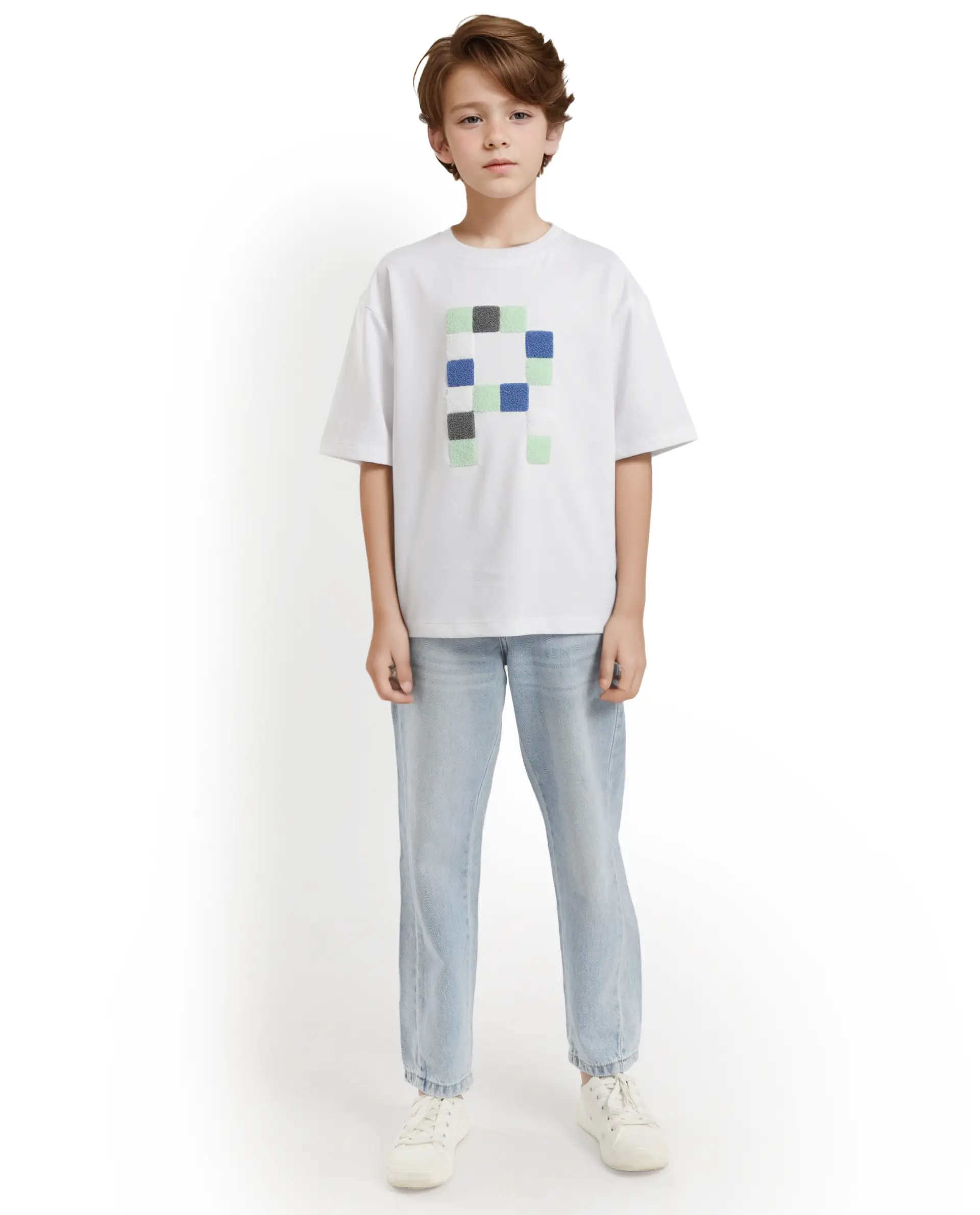 Rare Ones Kids Doe White Cotton Full Sleeves Crew Neck Towel Embroidery Print Oversized Fit T-Shirt - Image 3