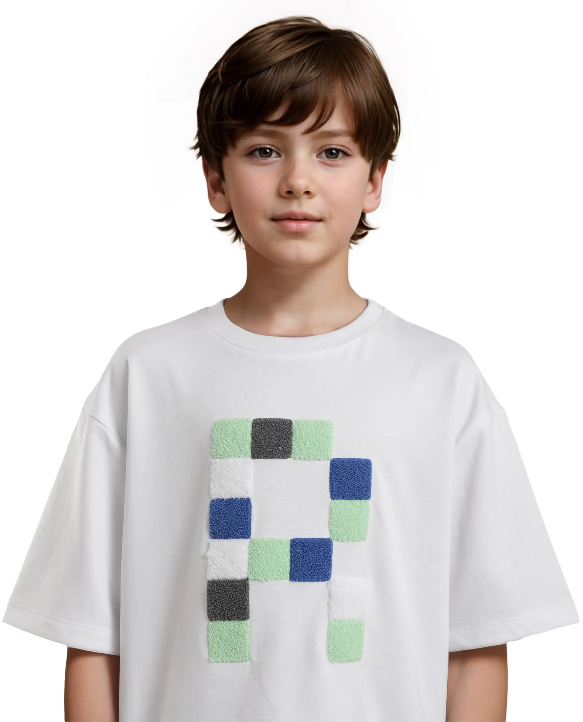 Rare Ones Kids Doe White Cotton Full Sleeves Crew Neck Towel Embroidery Print Oversized Fit T-Shirt - Image 5