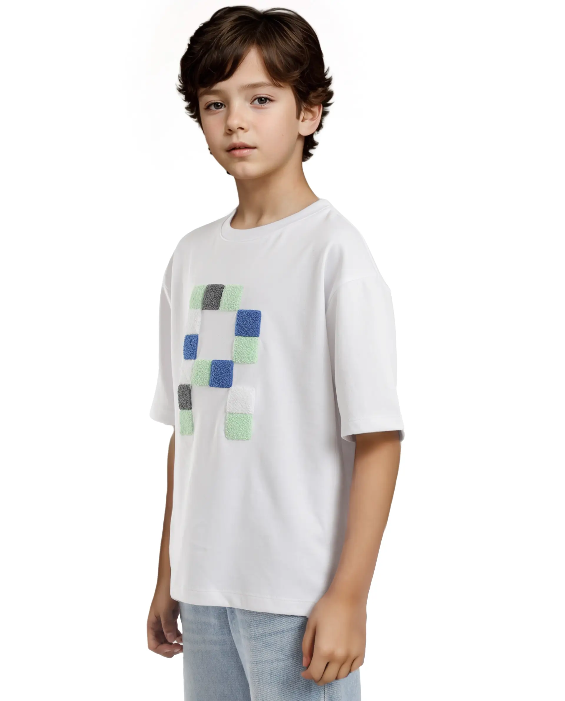 Rare Ones Kids Doe White Cotton Full Sleeves Crew Neck Towel Embroidery Print Oversized Fit T-Shirt - Image 6
