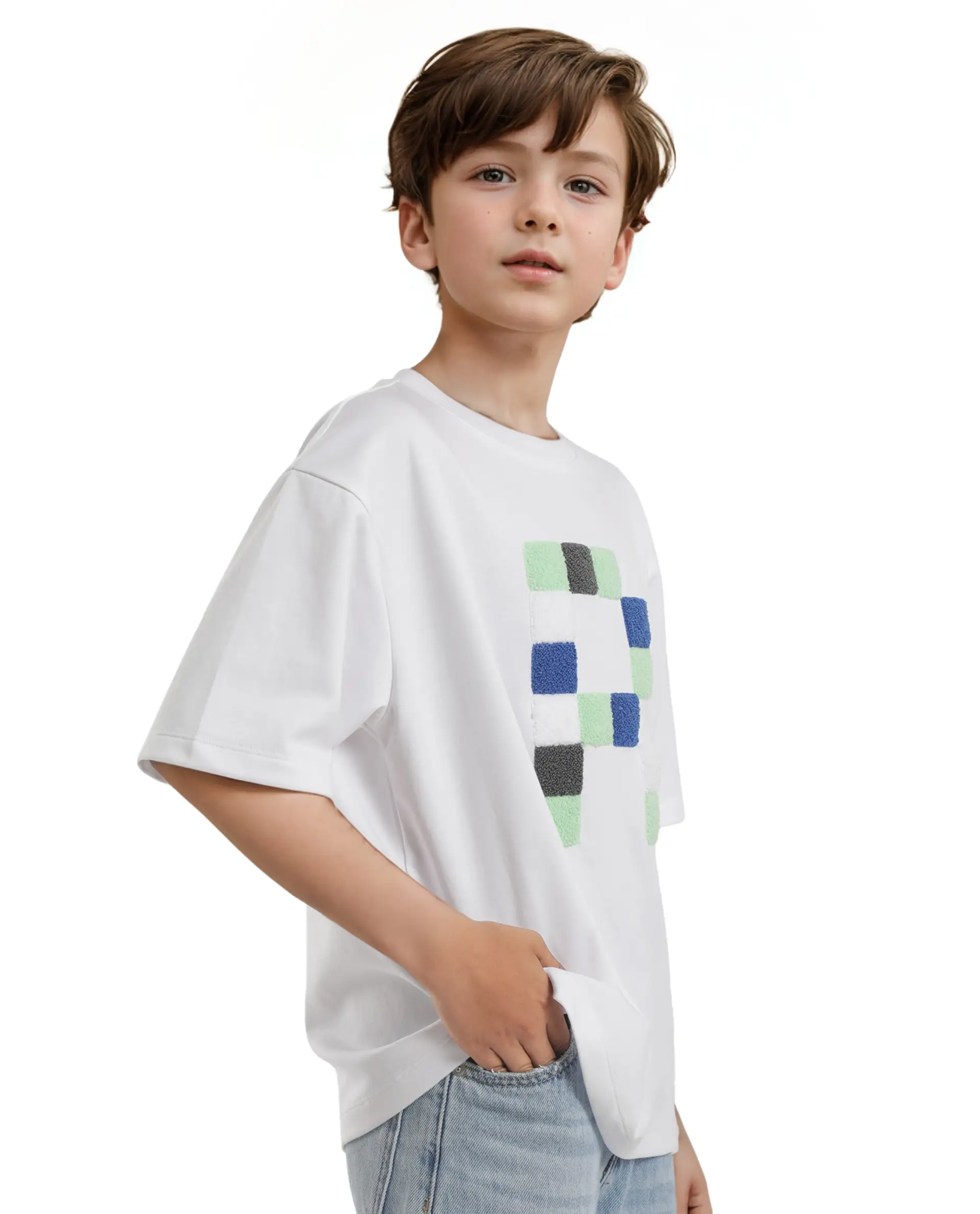 Rare Ones Kids Doe White Cotton Full Sleeves Crew Neck Towel Embroidery Print Oversized Fit T-Shirt - Image 7