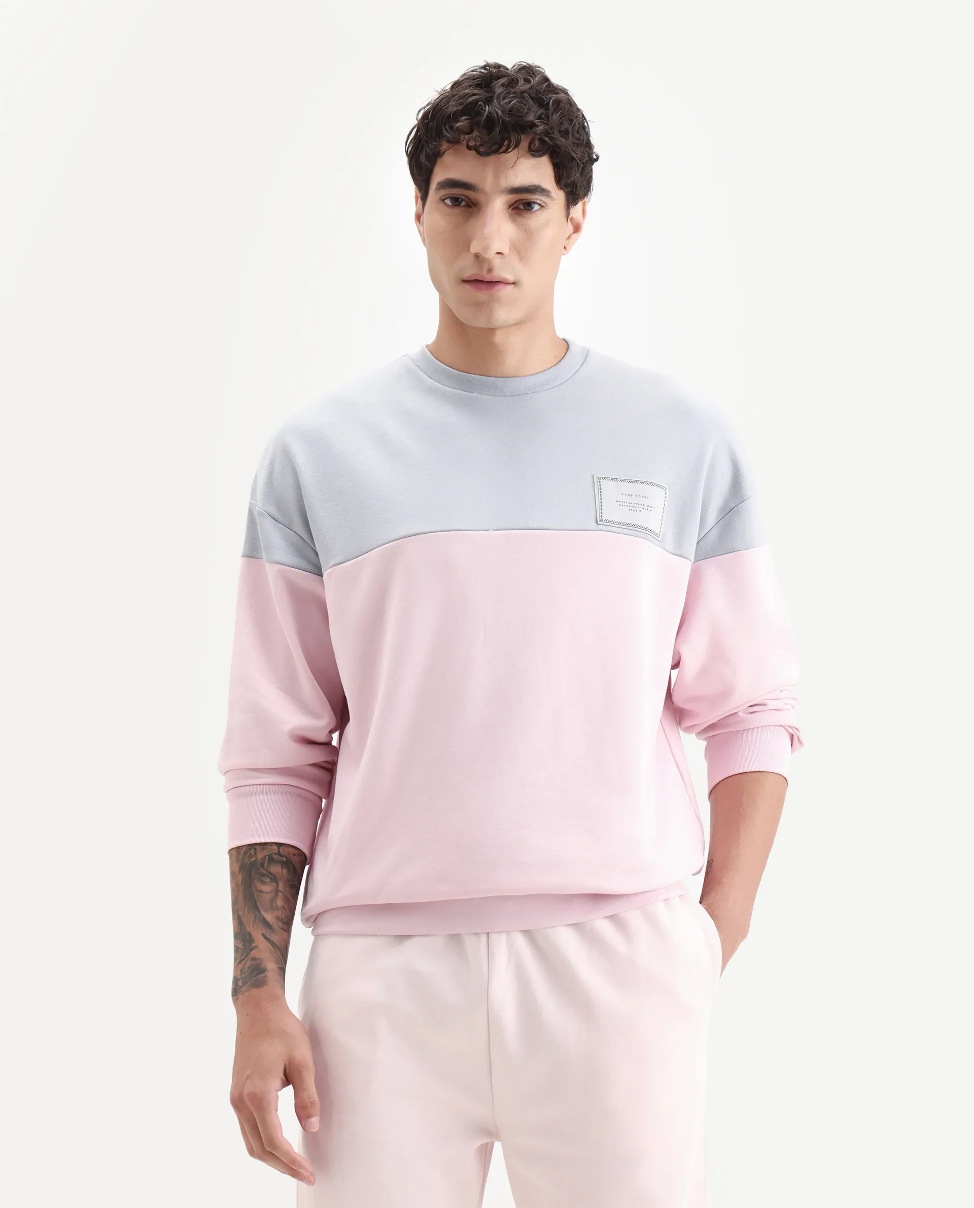 Rare Rabbit Men's Doel Grey Cotton Blend Ombre Boxy Fit Full Sleeve Crew Neck Sweatshirt - Image 4