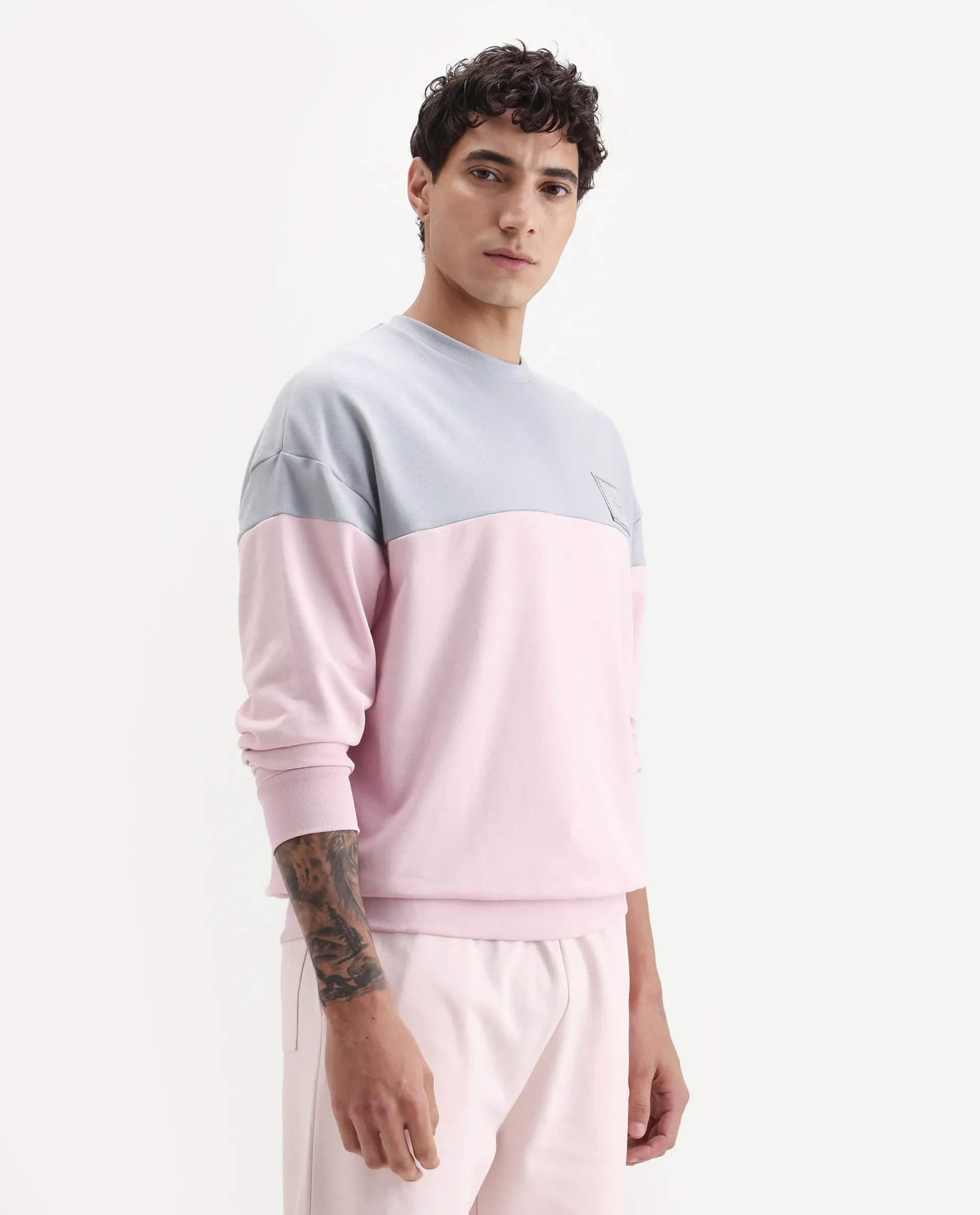Rare Rabbit Men's Doel Grey Cotton Blend Ombre Boxy Fit Full Sleeve Crew Neck Sweatshirt - Image 6