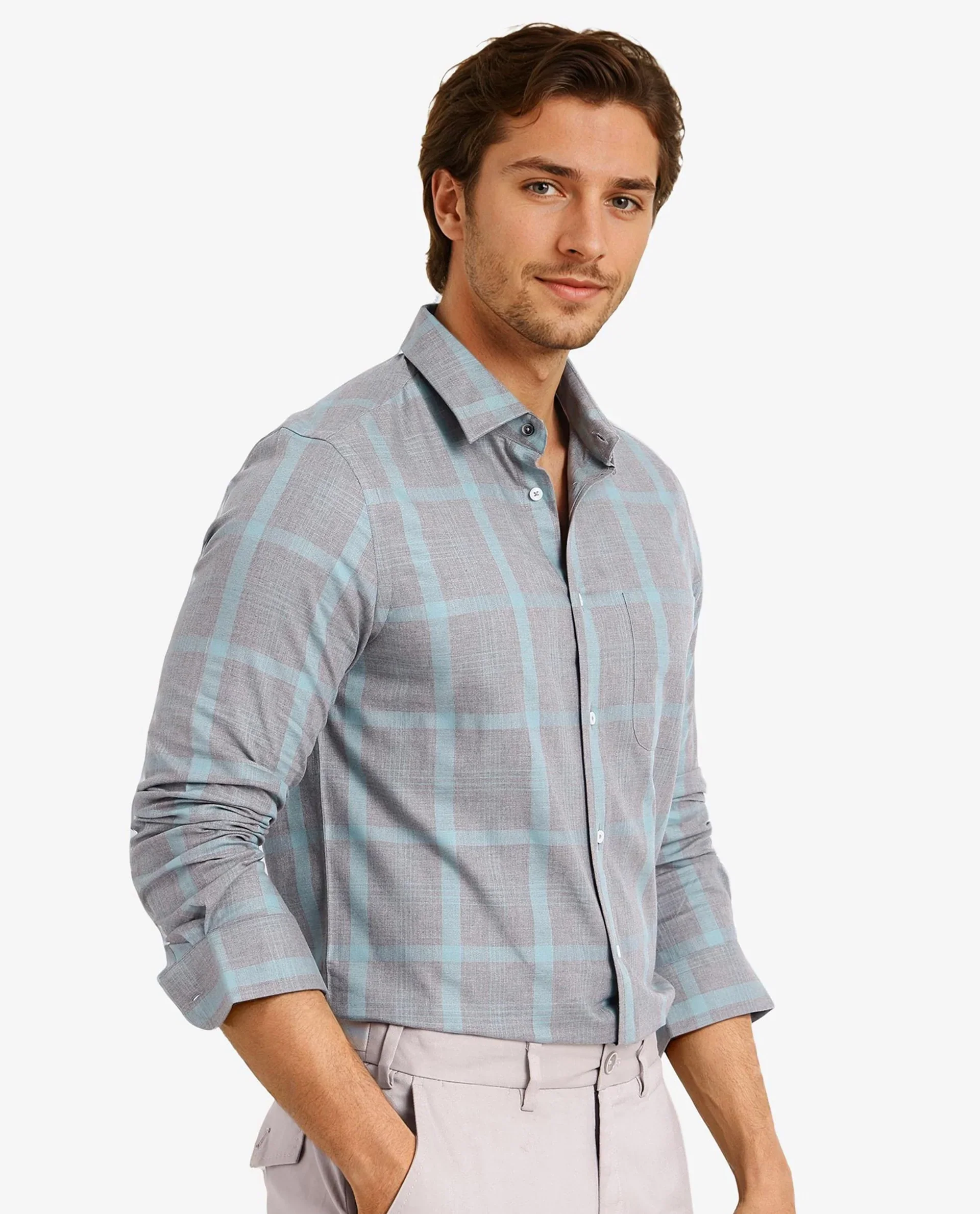 Rare Rabbit Men's Dofy Grey Cotton Checked Print Regular Fit Full Sleeve Collared Shirt - Image 7