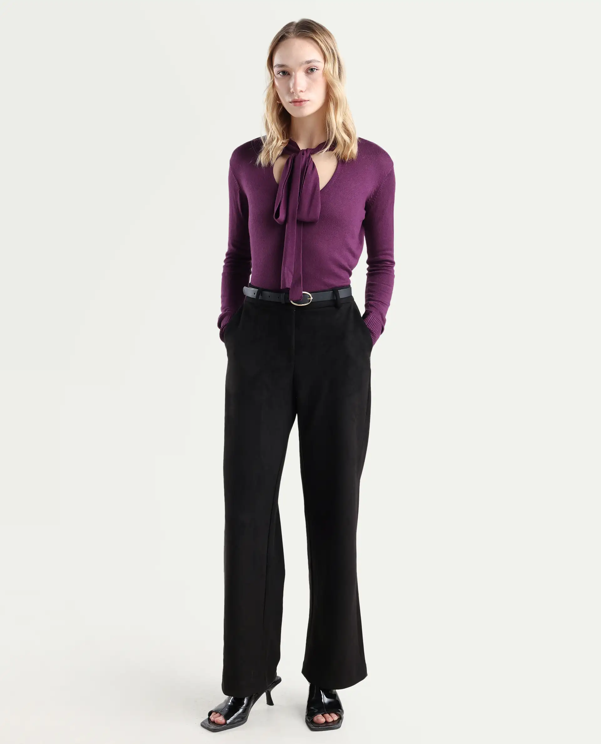 Rareism Women's Dolce Purple Viscose Tie-Up Neck Plain Regular Fit Sweater - Image 2