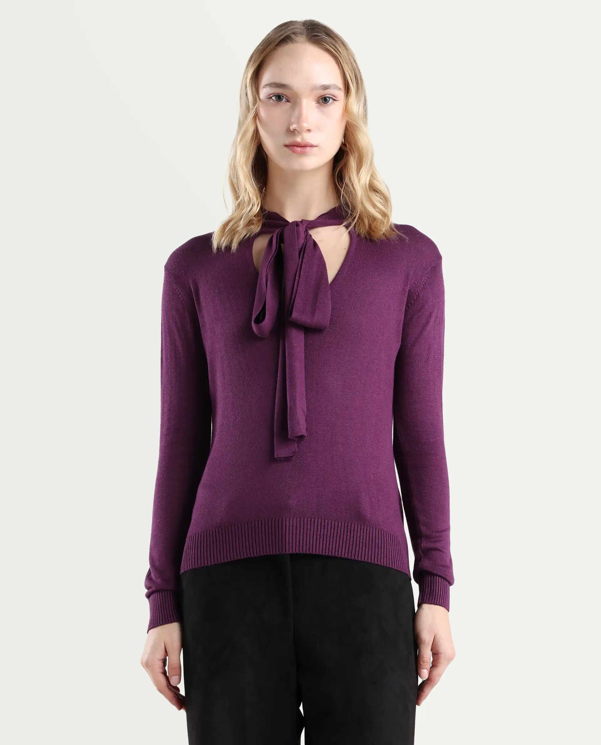 Rareism Women's Dolce Purple Viscose Tie-Up Neck Plain Regular Fit Sweater - Image 3