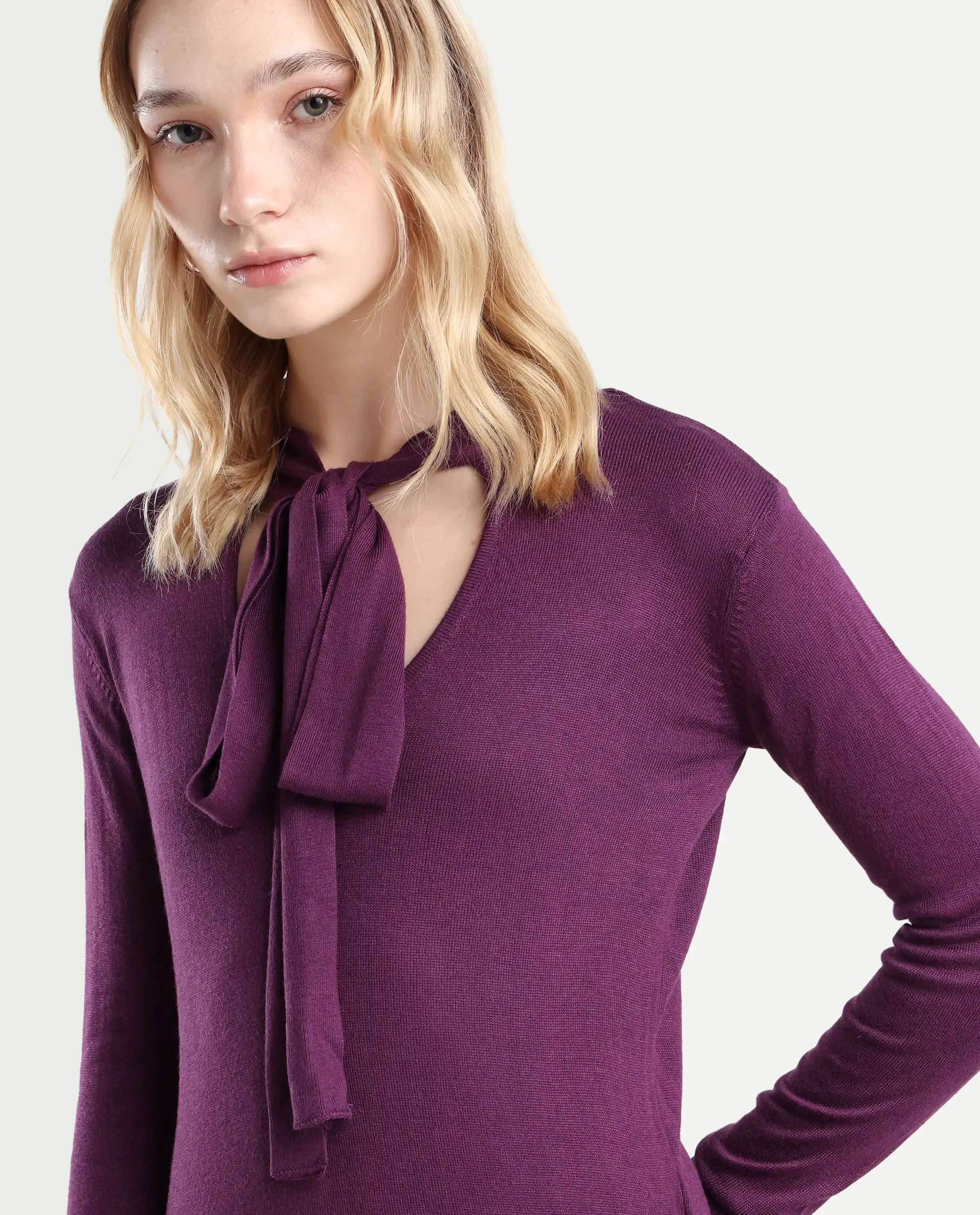 Rareism Women's Dolce Purple Viscose Tie-Up Neck Plain Regular Fit Sweater - Image 4