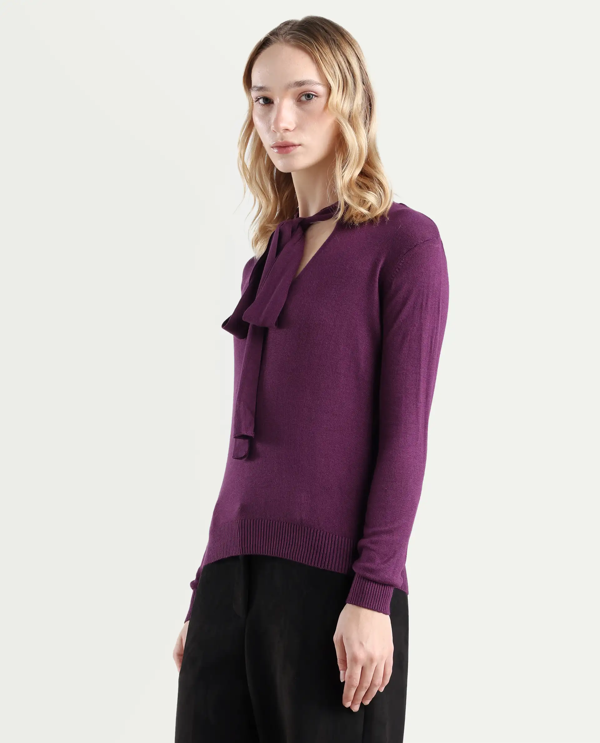 Rareism Women's Dolce Purple Viscose Tie-Up Neck Plain Regular Fit Sweater - Image 5