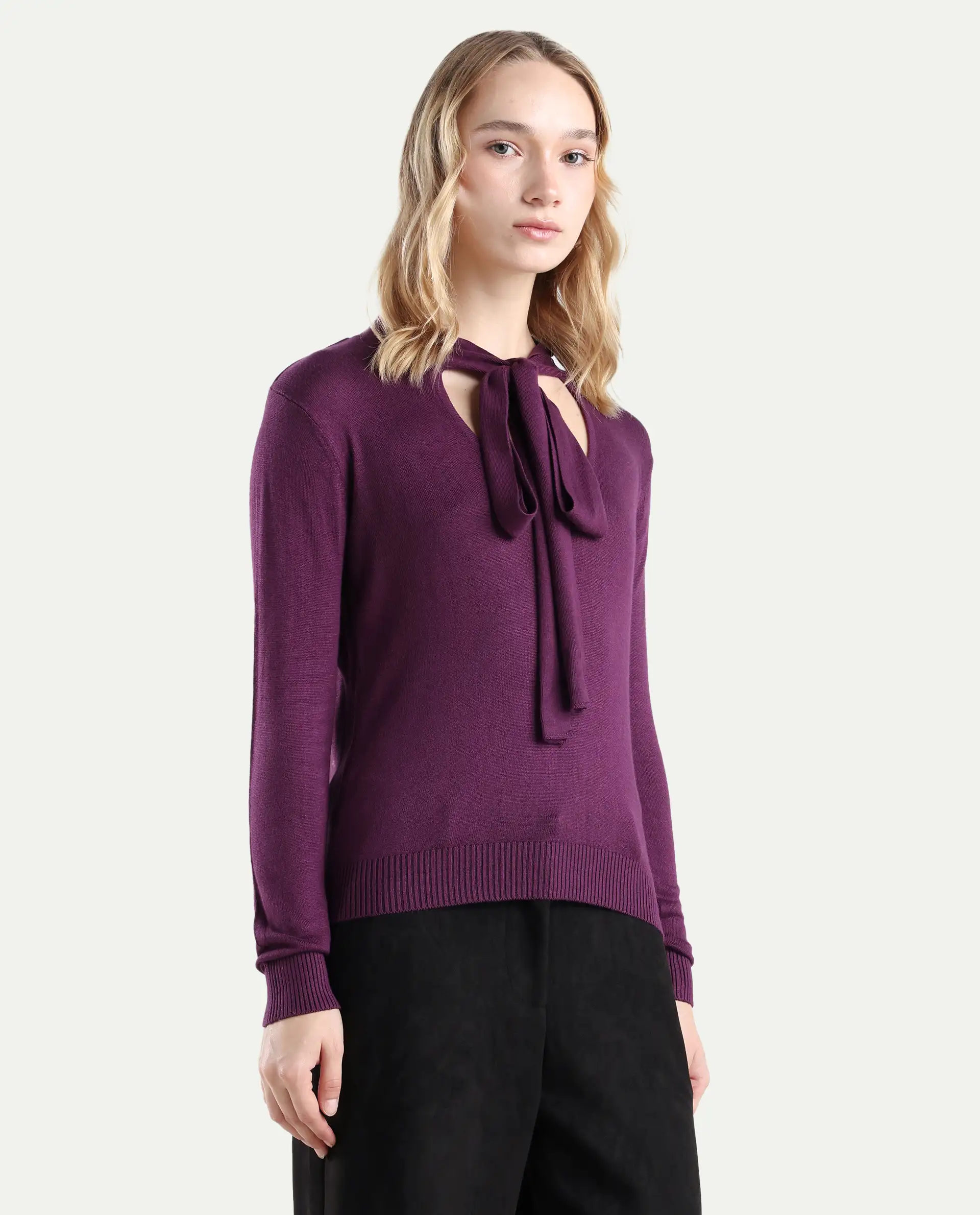 Rareism Women's Dolce Purple Viscose Tie-Up Neck Plain Regular Fit Sweater - Image 6
