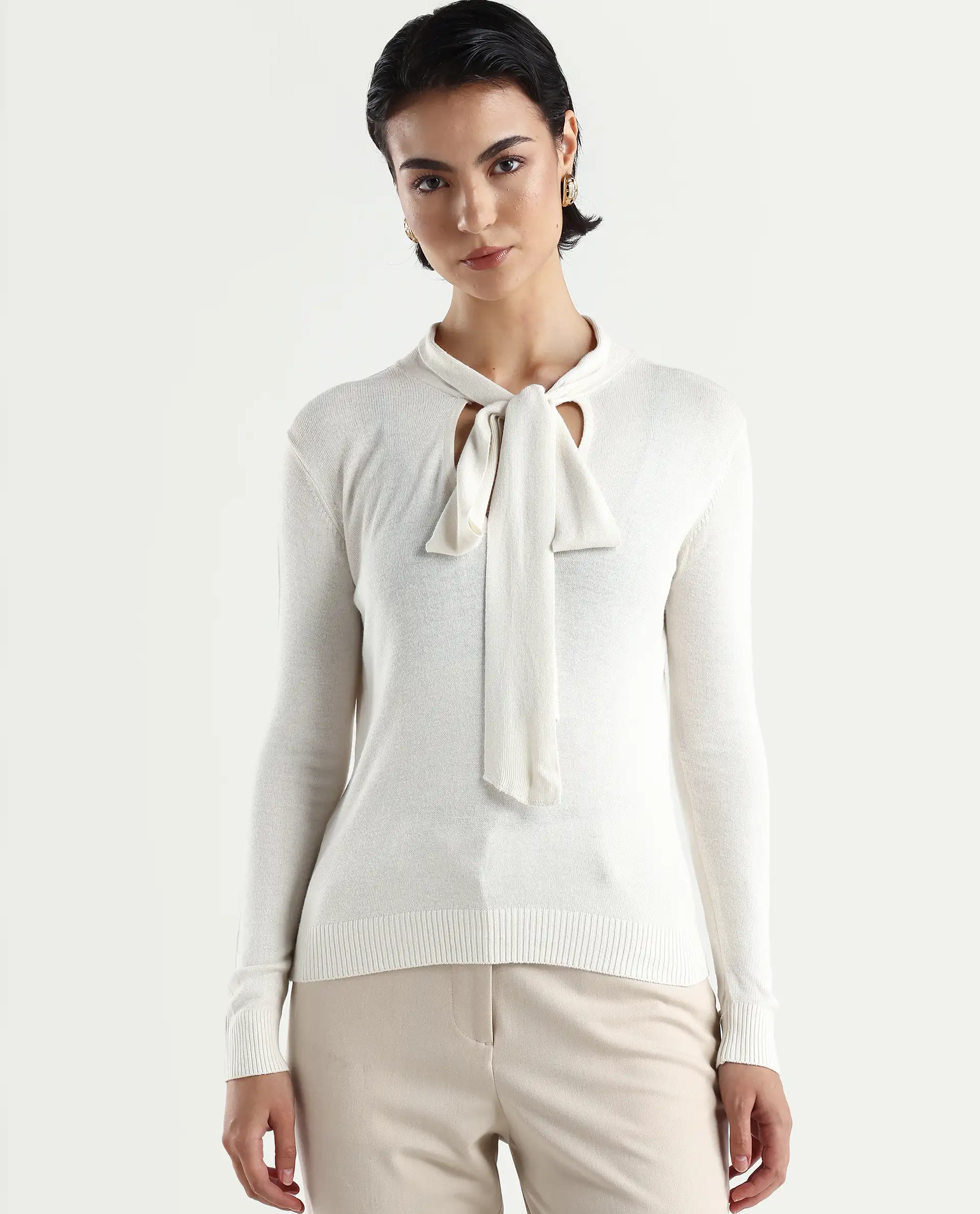 Rareism Women's Dolce White Viscose Tie-Up Neck Plain Regular Fit Sweater - Image 3