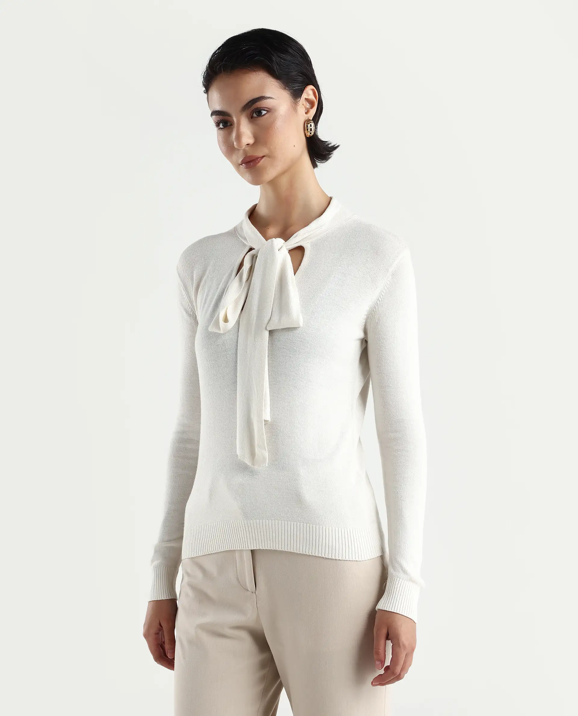Rareism Women's Dolce White Viscose Tie-Up Neck Plain Regular Fit Sweater - Image 4