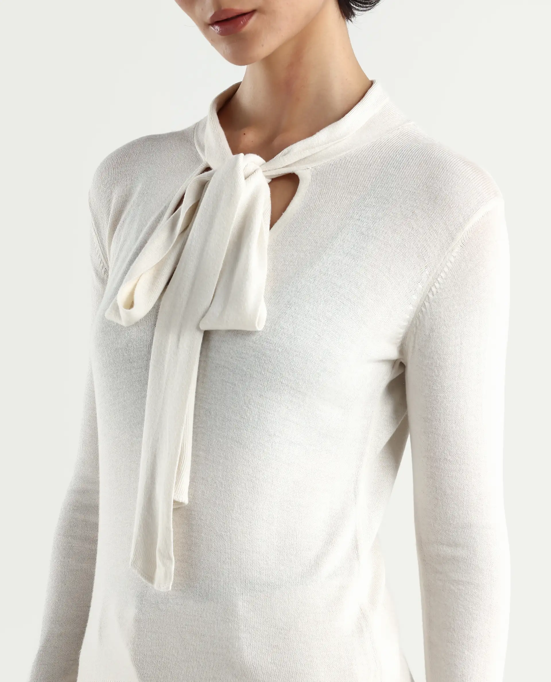 Rareism Women's Dolce White Viscose Tie-Up Neck Plain Regular Fit Sweater - Image 5