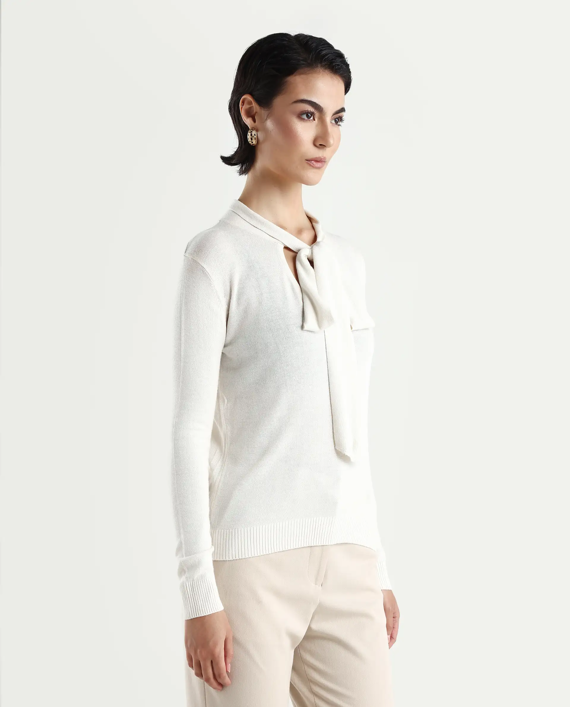 Rareism Women's Dolce White Viscose Tie-Up Neck Plain Regular Fit Sweater - Image 6