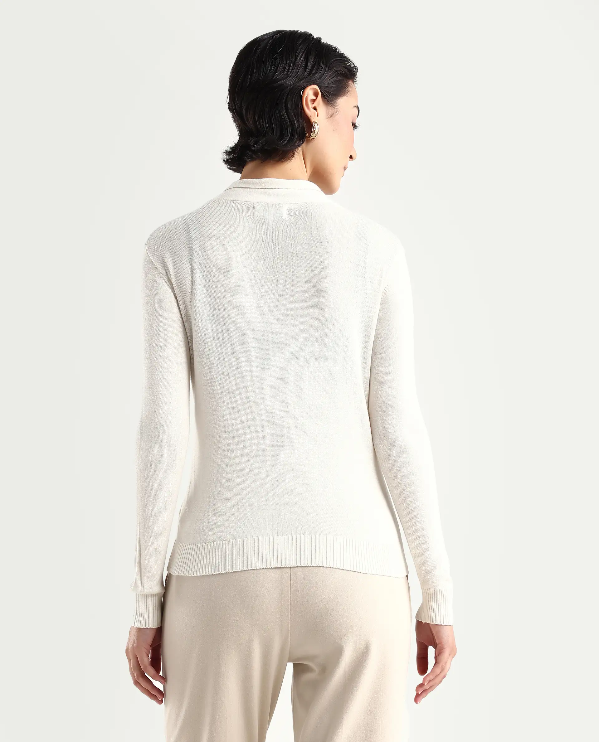 Rareism Women's Dolce White Viscose Tie-Up Neck Plain Regular Fit Sweater - Image 7