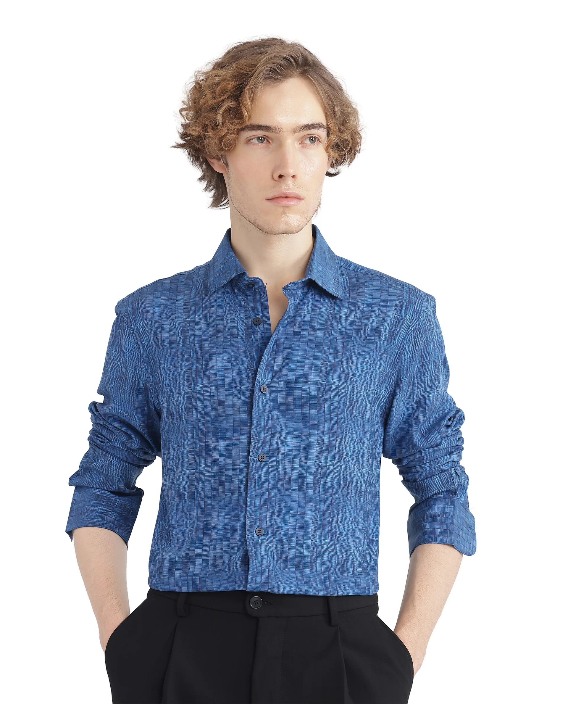 Rare Rabbit Men's Doma Blue Viscose Geometric Print Regular Fit Full Sleeve Collared Shirt - Image 5