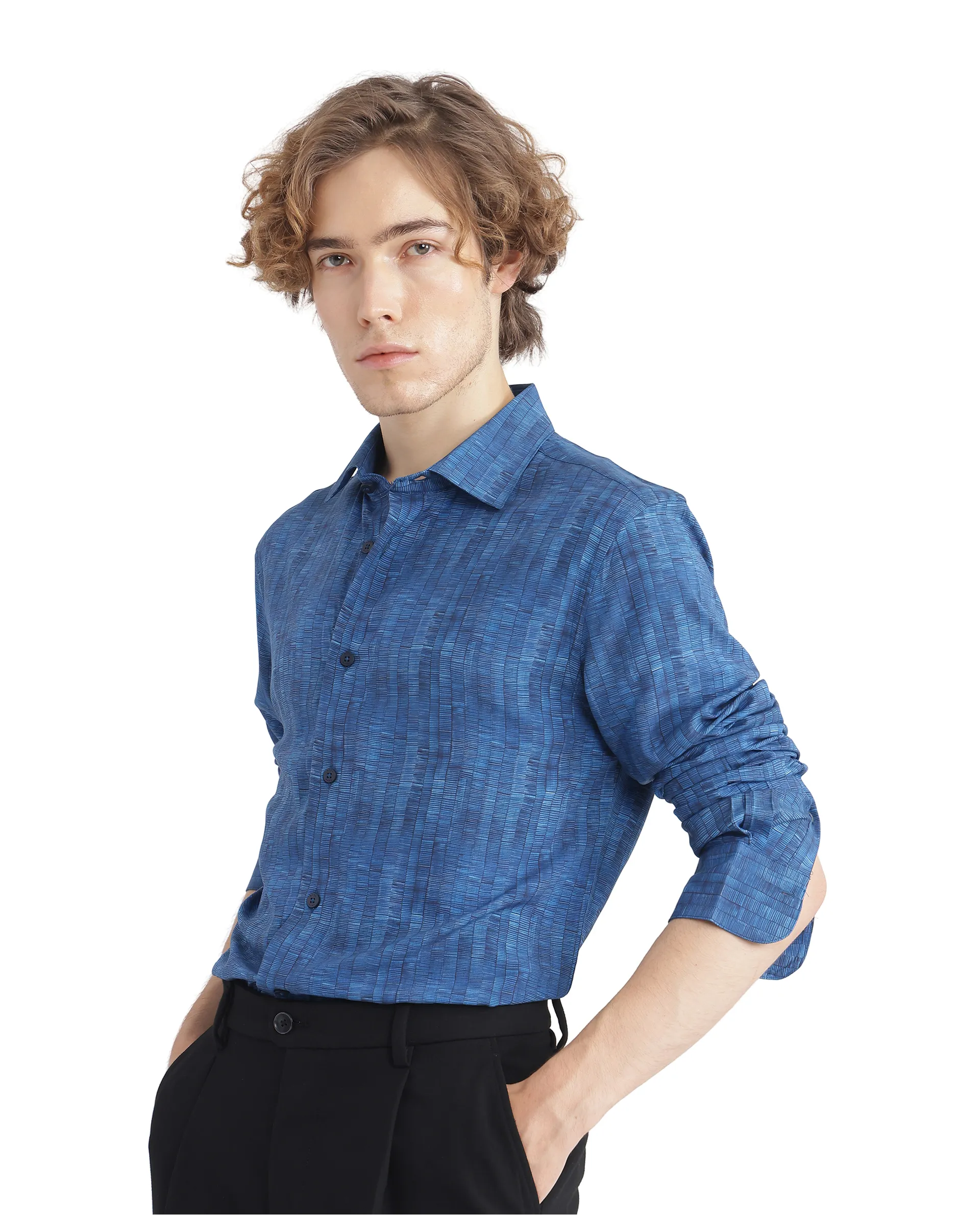 Rare Rabbit Men's Doma Blue Viscose Geometric Print Regular Fit Full Sleeve Collared Shirt - Image 6