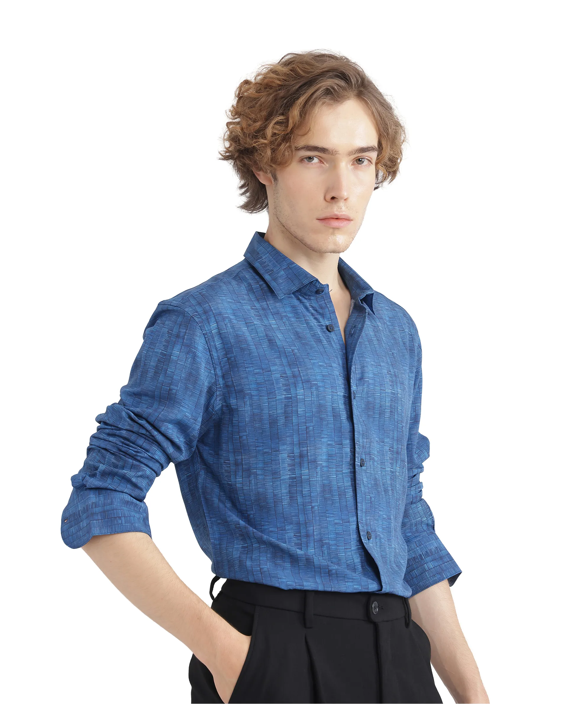 Rare Rabbit Men's Doma Blue Viscose Geometric Print Regular Fit Full Sleeve Collared Shirt - Image 8