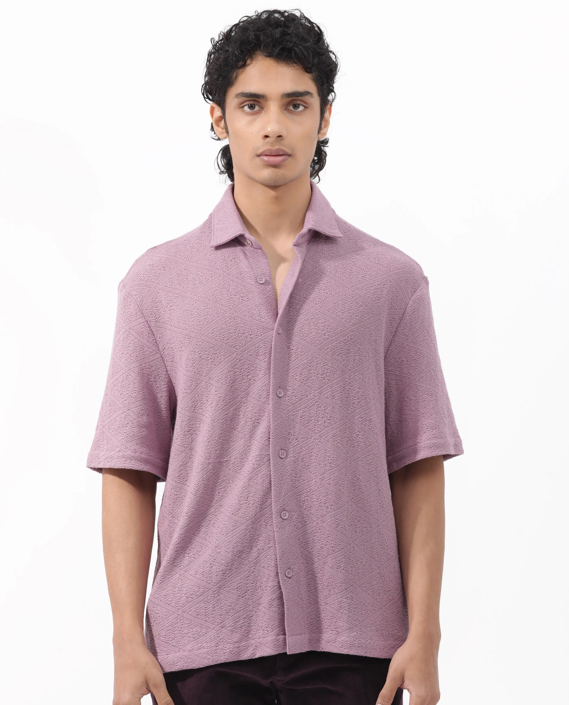 Rare Rabbit Men's Domat Dusky Purple Cotton Jacquard Boxy Fit Half Sleeve Collared Shirt - Image 10