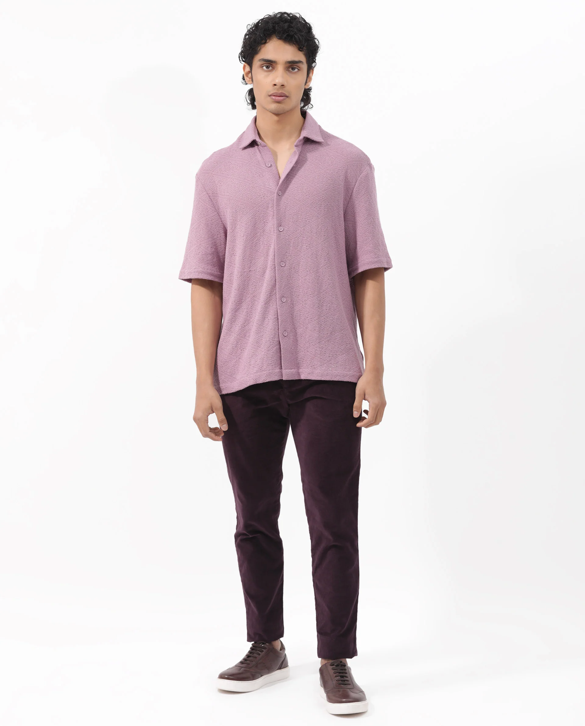 Rare Rabbit Men's Domat Dusky Purple Cotton Jacquard Boxy Fit Half Sleeve Collared Shirt - Image 11