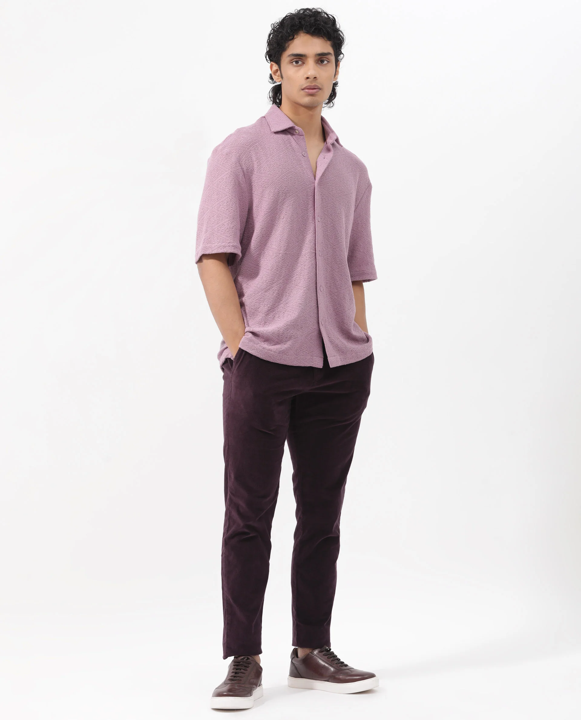 Rare Rabbit Men's Domat Dusky Purple Cotton Jacquard Boxy Fit Half Sleeve Collared Shirt - Image 12