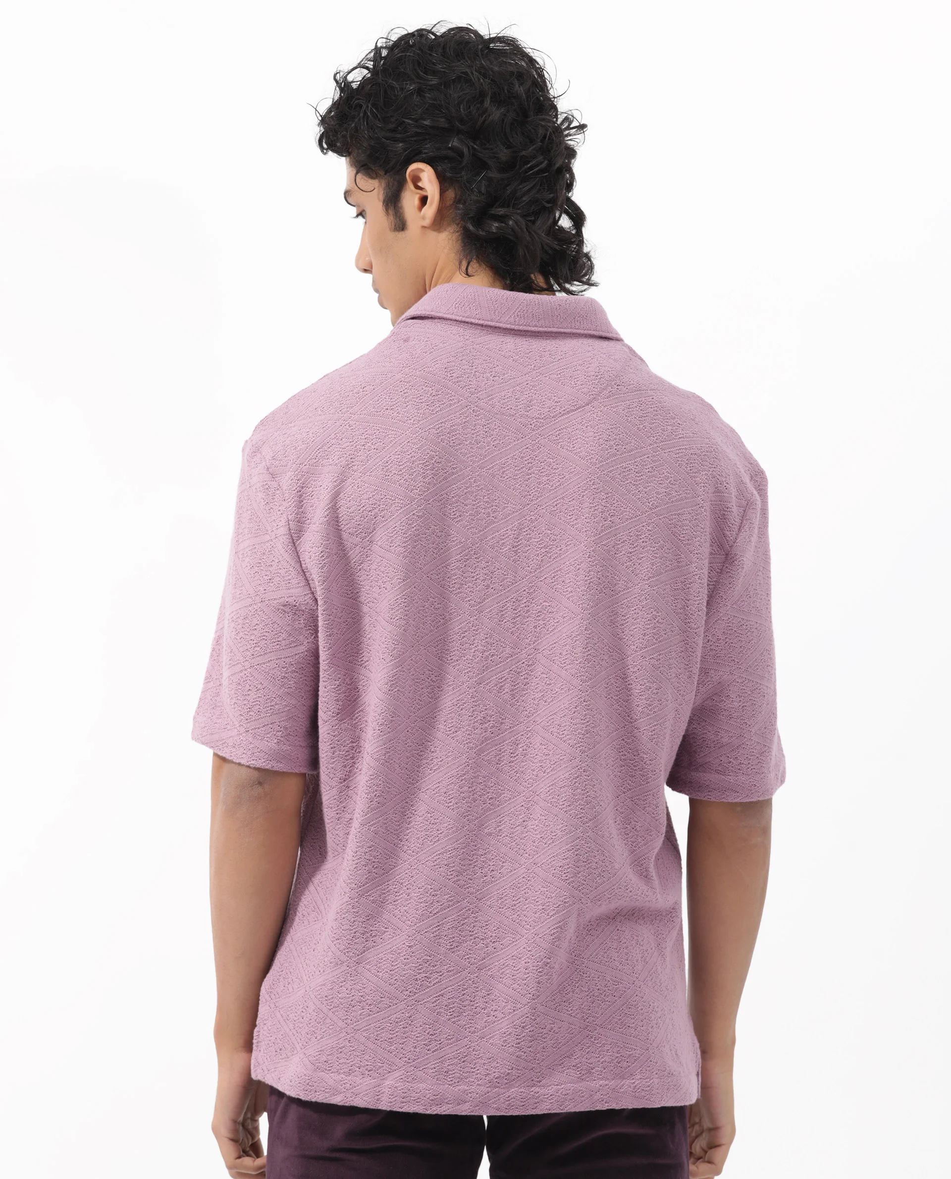Rare Rabbit Men's Domat Dusky Purple Cotton Jacquard Boxy Fit Half Sleeve Collared Shirt - Image 13