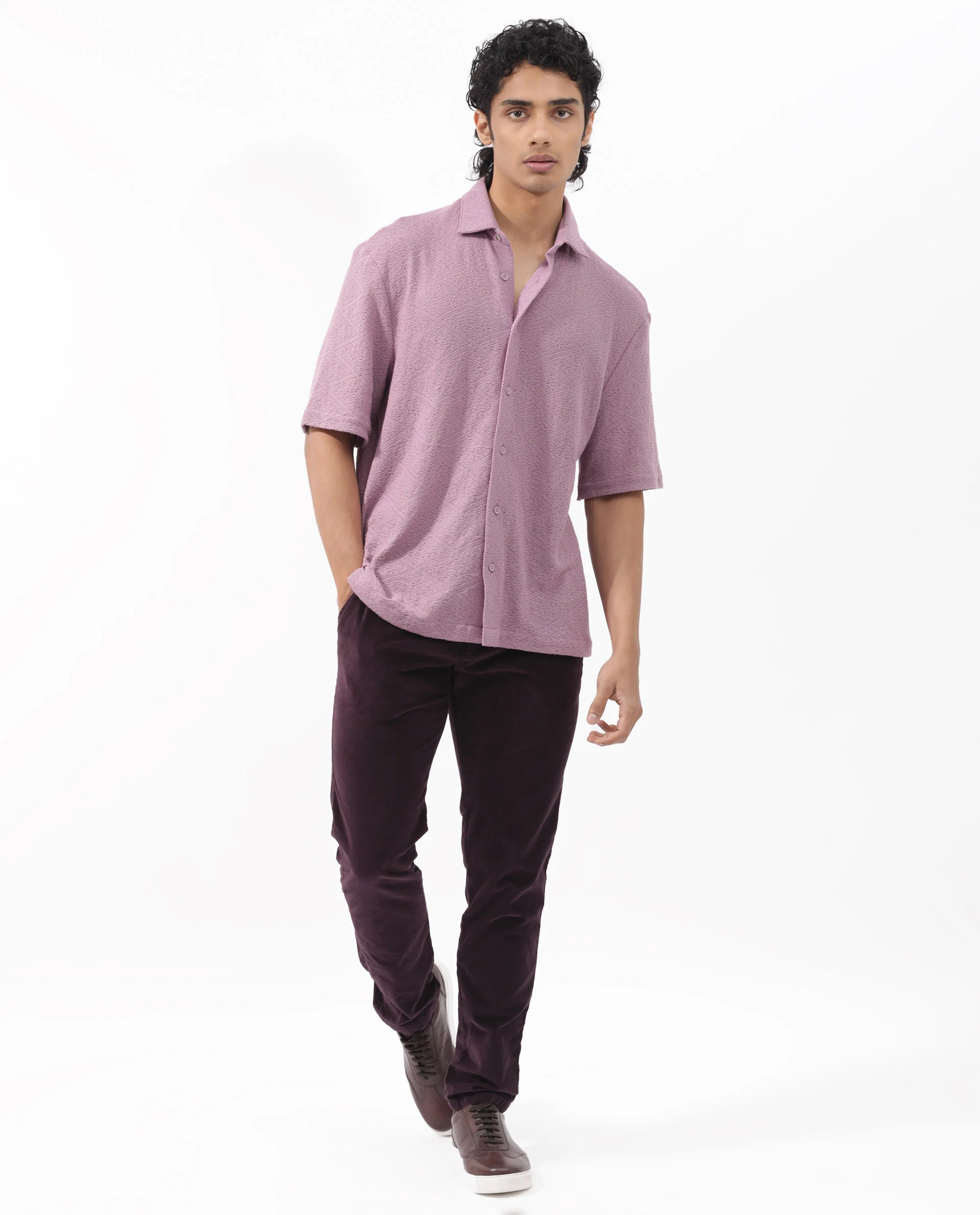 Rare Rabbit Men's Domat Dusky Purple Cotton Jacquard Boxy Fit Half Sleeve Collared Shirt - Image 2