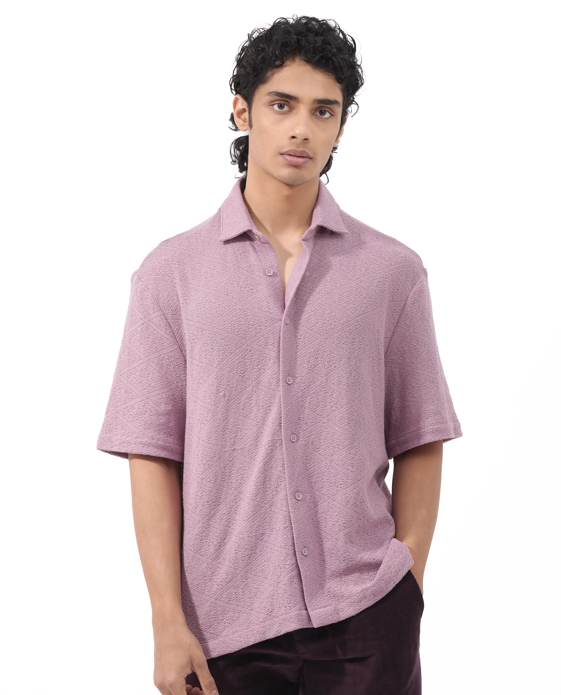 Rare Rabbit Men's Domat Dusky Purple Cotton Jacquard Boxy Fit Half Sleeve Collared Shirt - Image 3