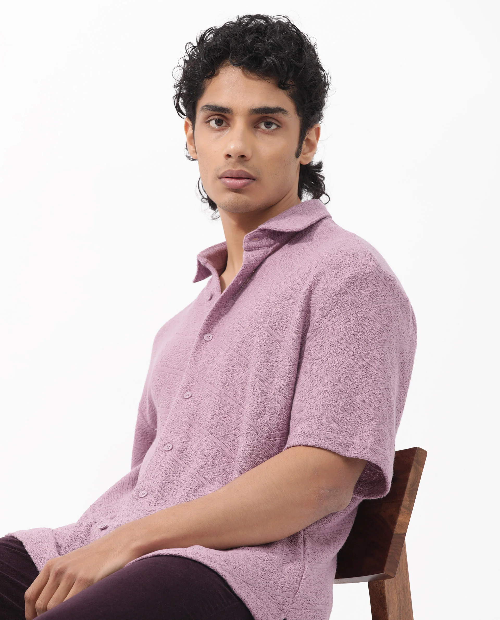 Rare Rabbit Men's Domat Dusky Purple Cotton Jacquard Boxy Fit Half Sleeve Collared Shirt - Image 7